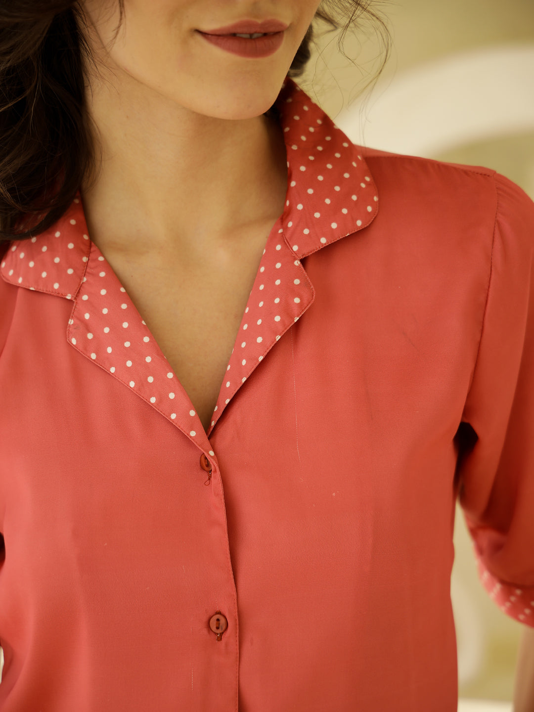 Rust Color Solid Print Satin Night Suit Set - SanskrutiHomes