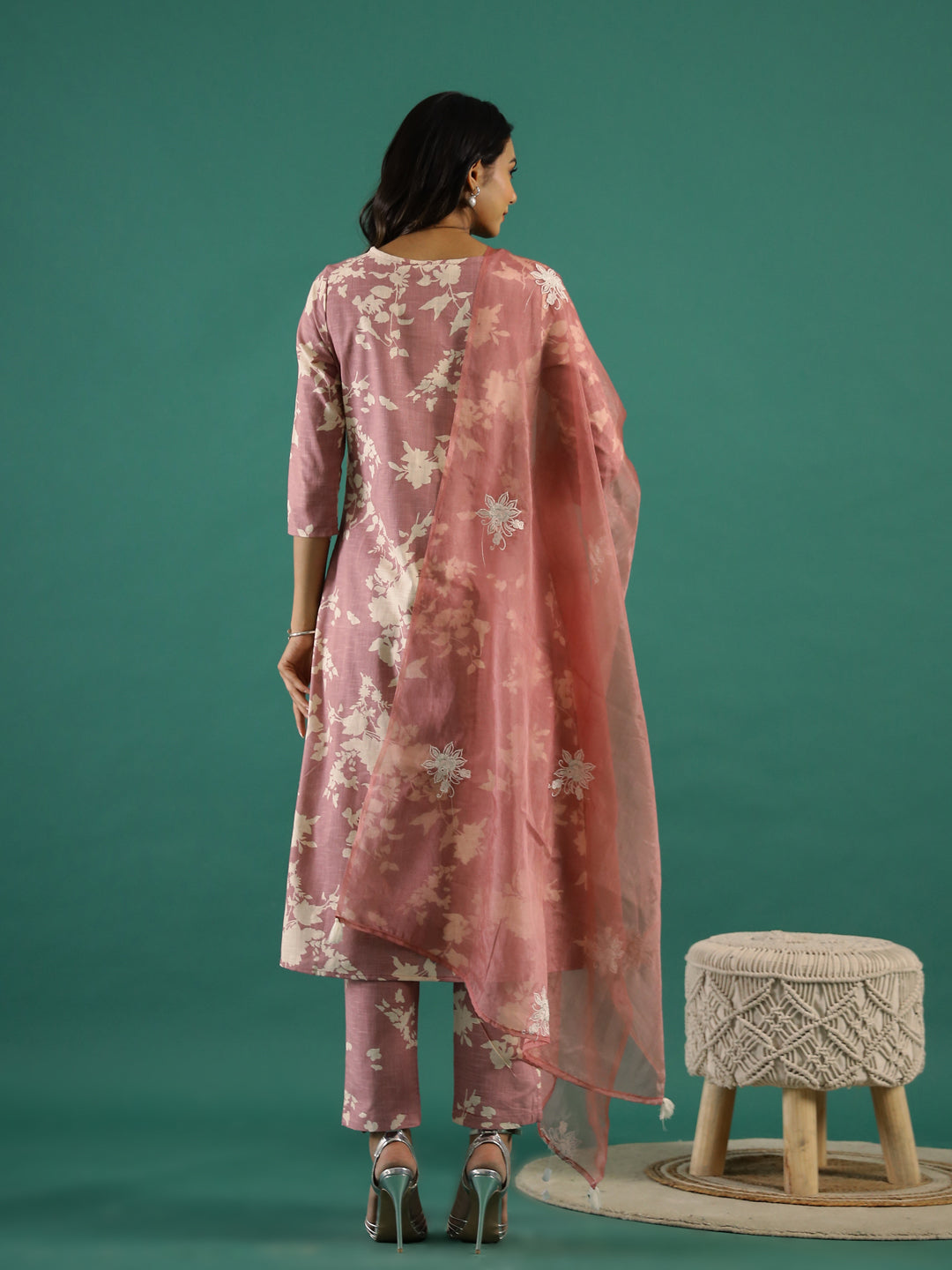 Floral Printed Thread Work Kurta Set For Women