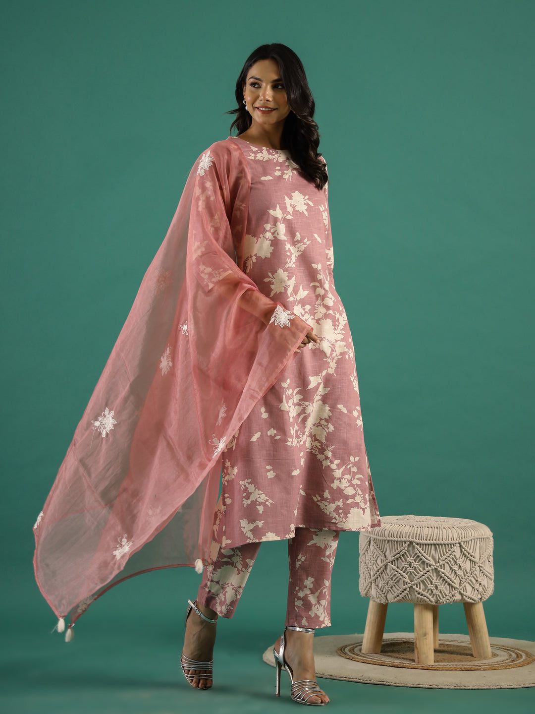 Floral Printed Thread Work Kurta Set for Women