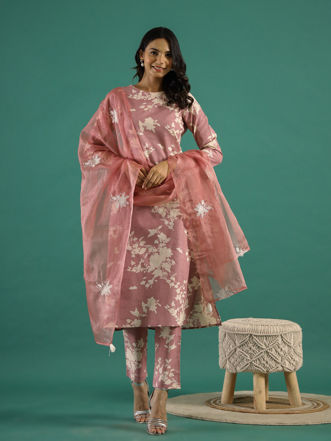 Floral Printed Thread Work Kurta Set For Women