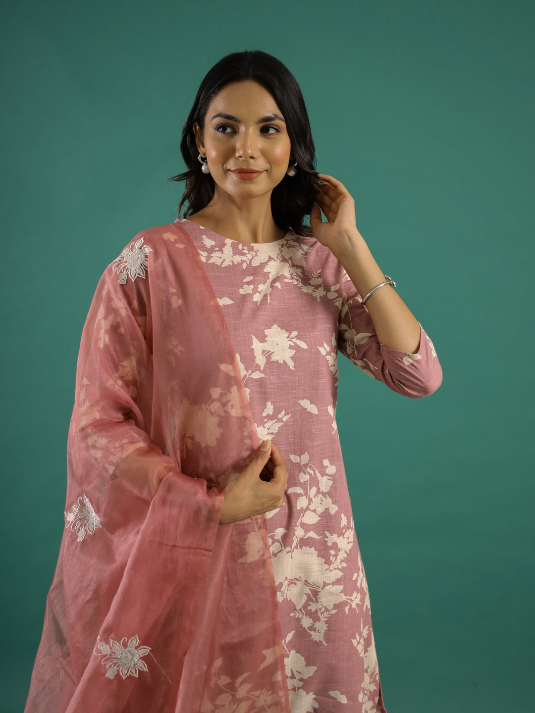 Floral Printed Thread Work Kurta Set for Women