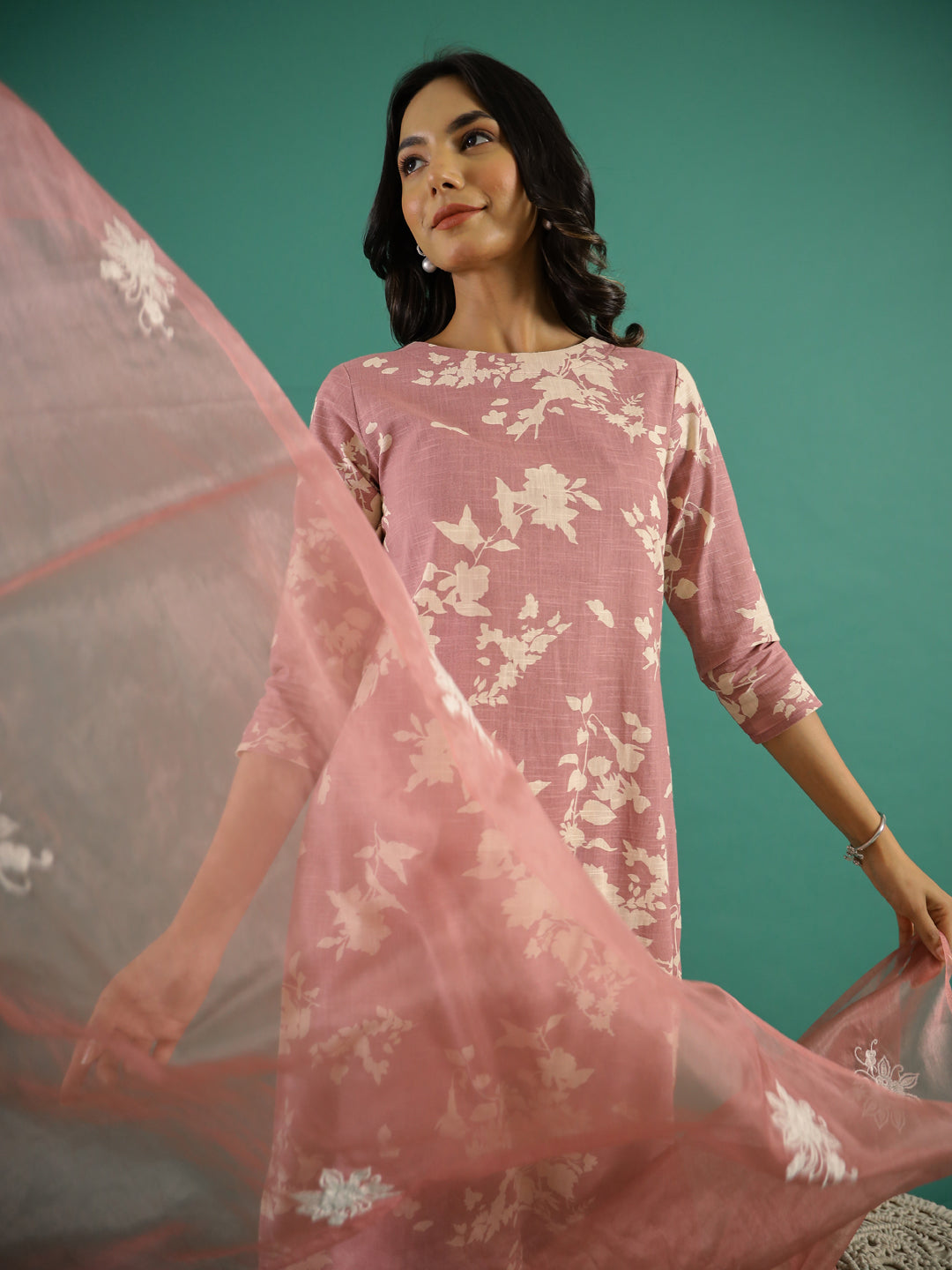 Floral Printed Thread Work Kurta Set for Women