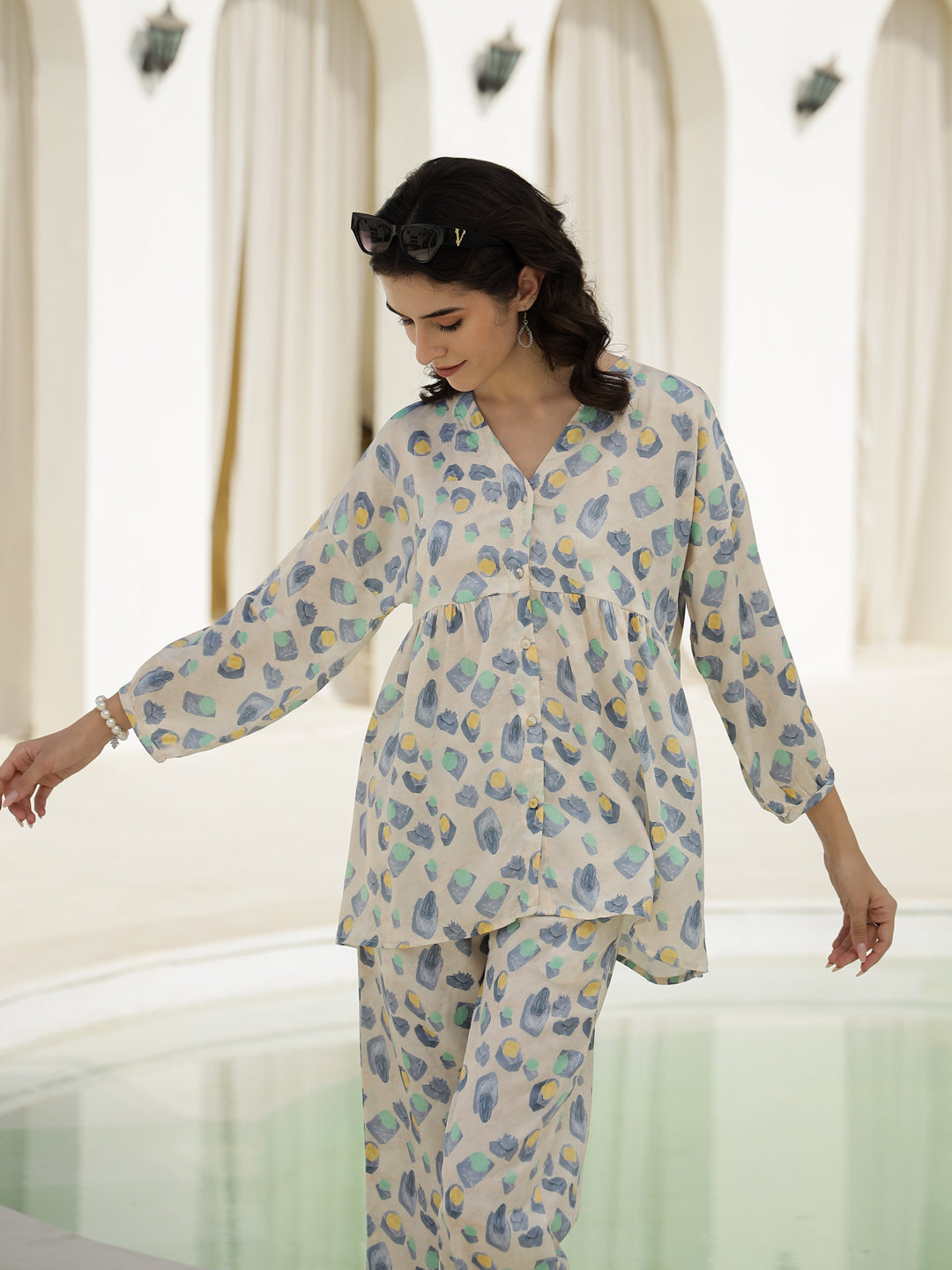 Floral Printed V-Neck Satin Loungewear Set