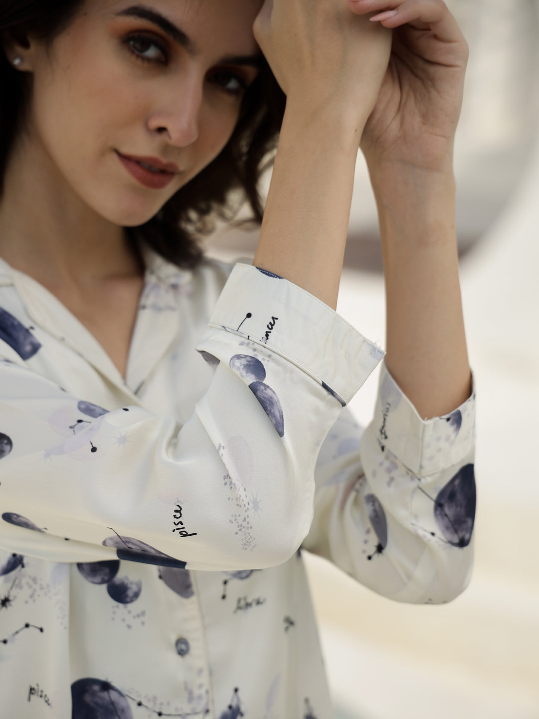 Shirt Collar Printed Satin Night Suit - SanskrutiHomes