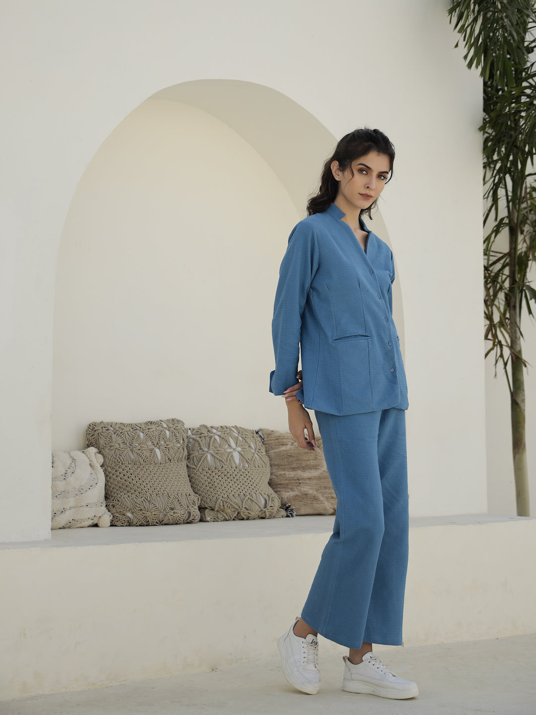 Blue Solid Print Jacket for Women