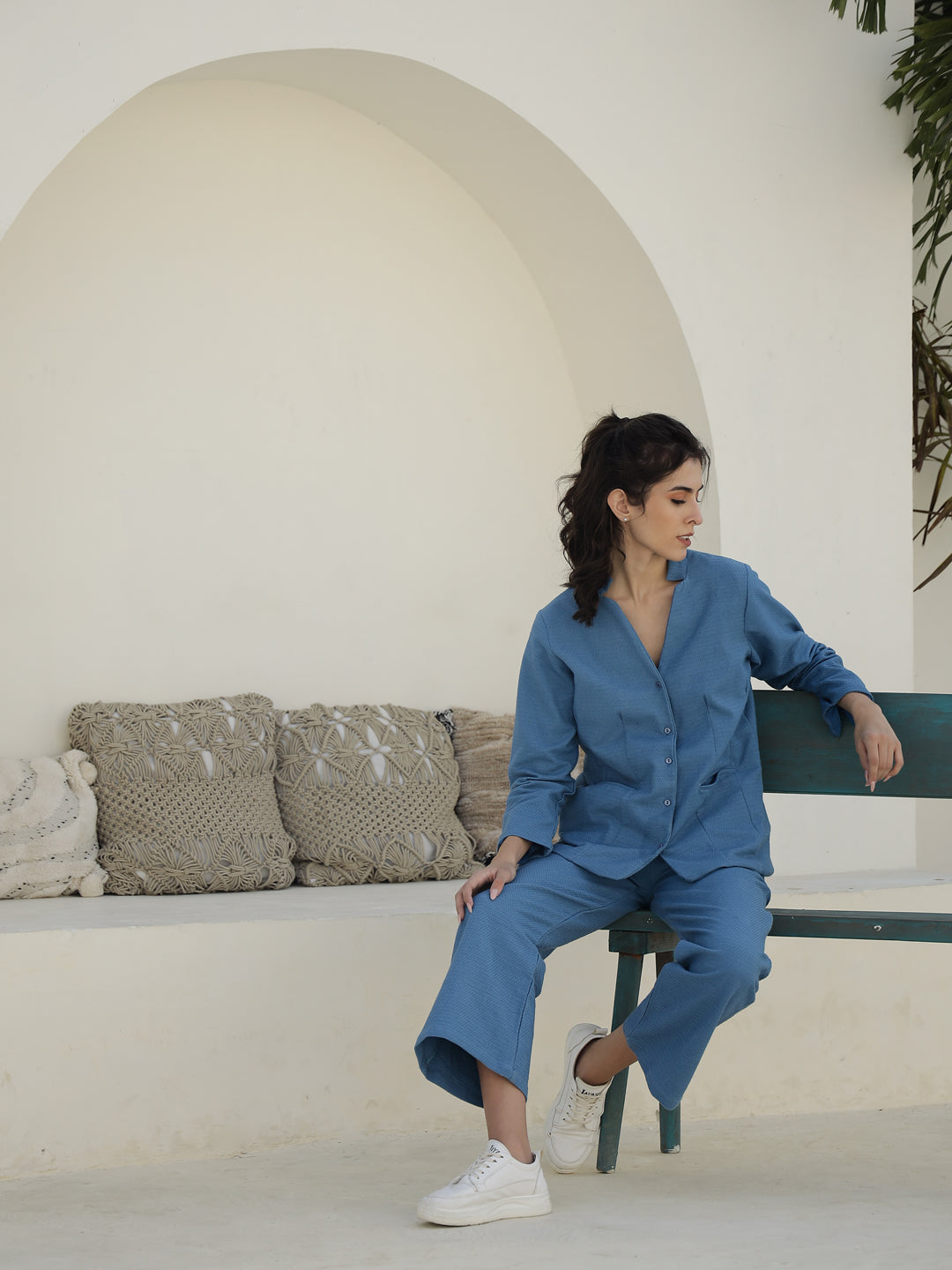 Blue Solid Print Jacket for Women