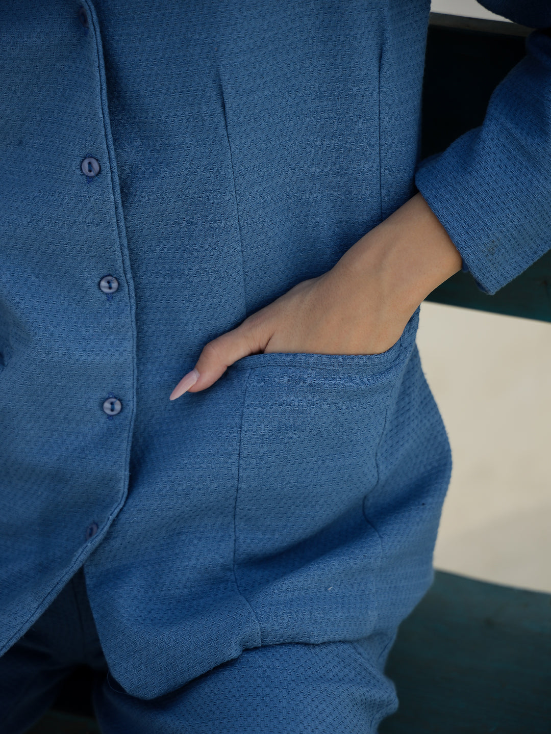 Blue Solid Print Jacket for Women