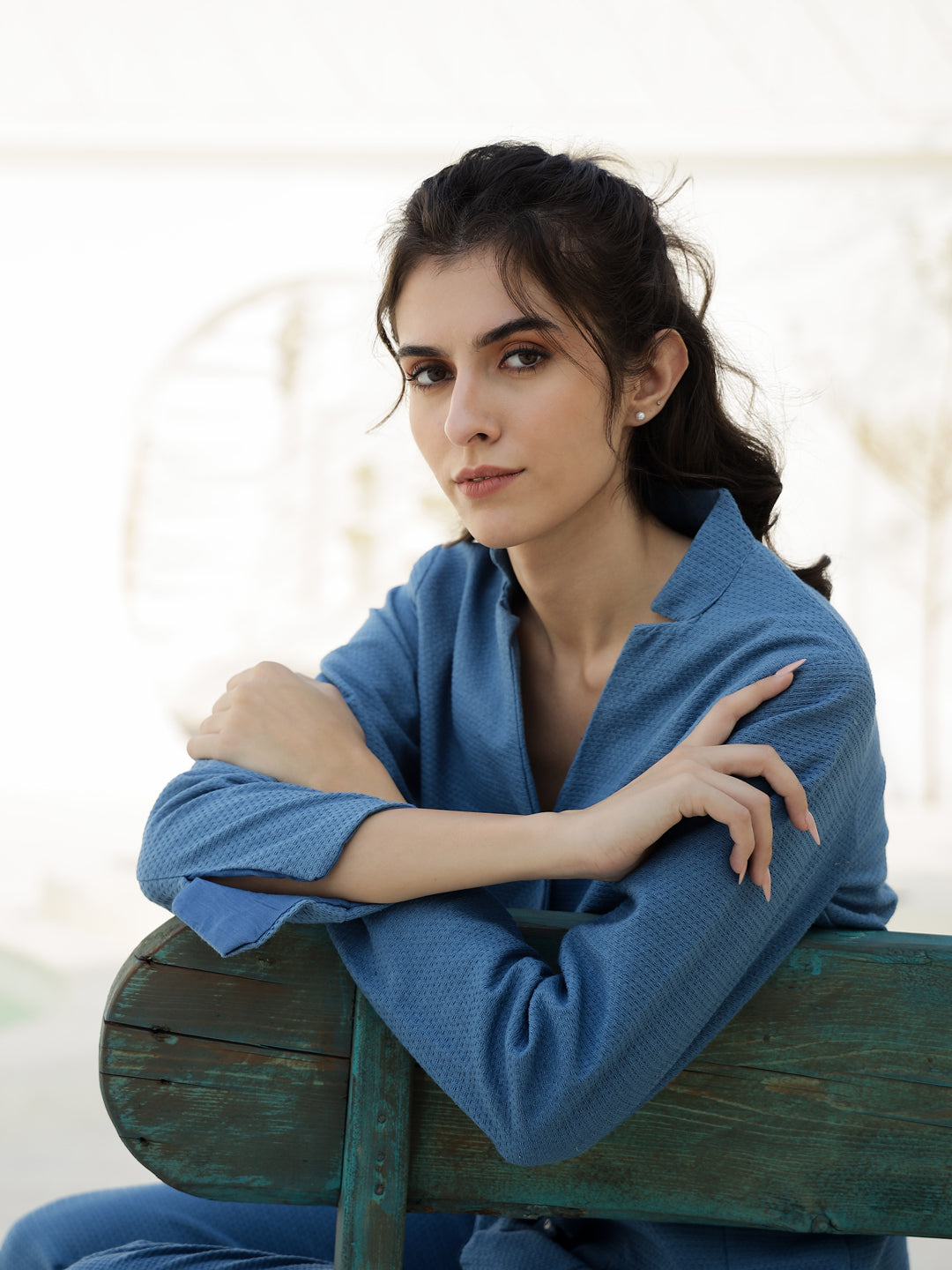 Blue Solid Print Jacket for Women