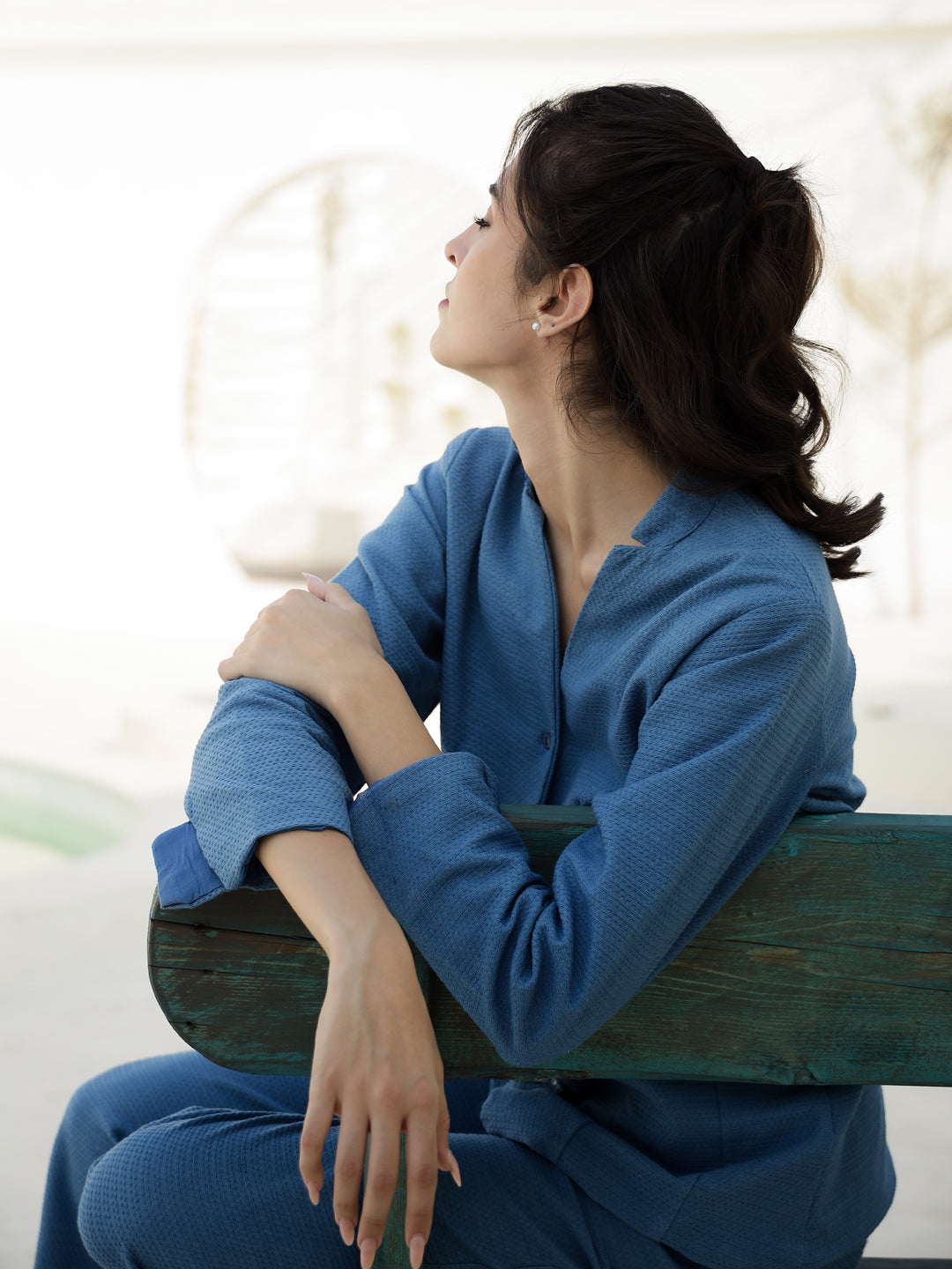 Blue Solid Print Jacket for Women