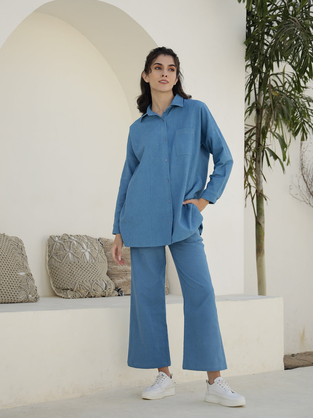 Blue Solid Print Co-Ords Set For Women