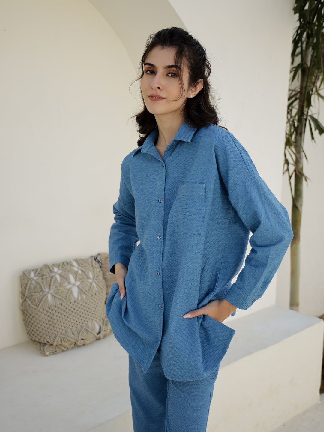 Blue Solid Print Co-ords Set for Women