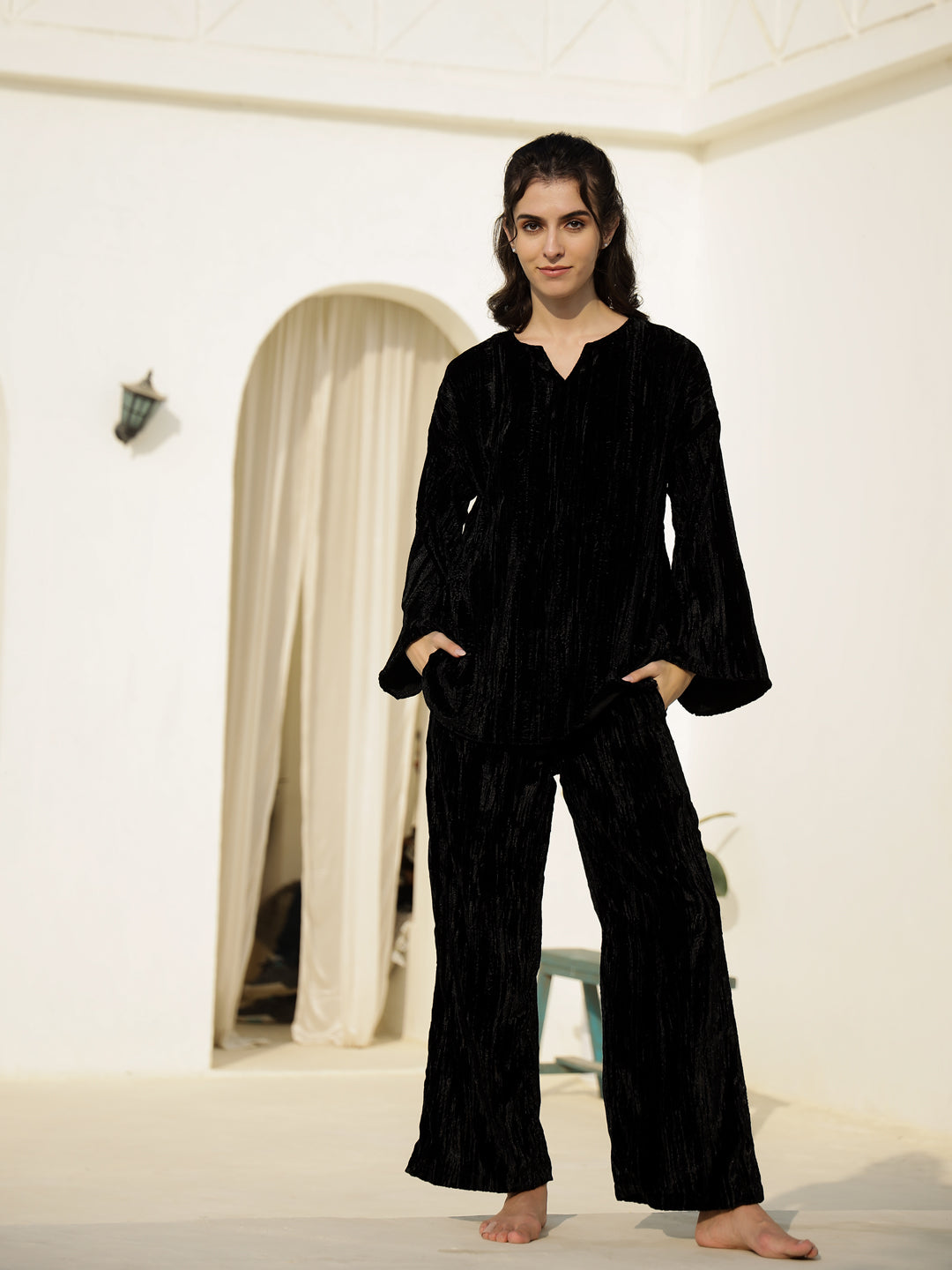 Black Crush Velvet Night Suit For Women