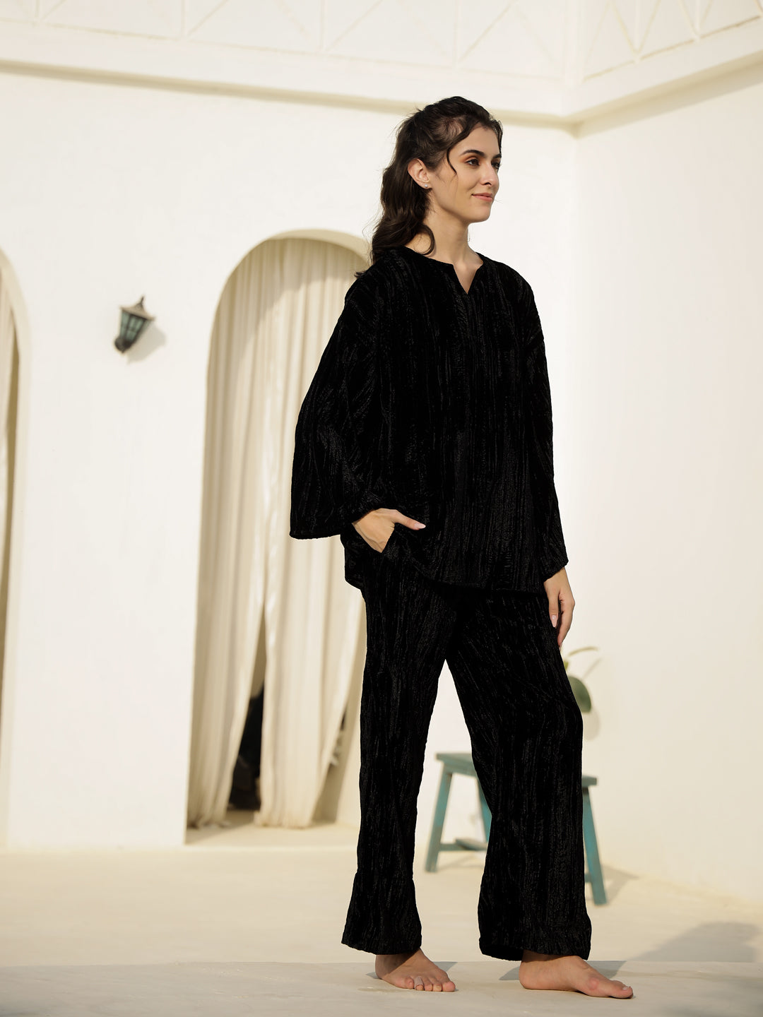 Black Crush Velvet Night Suit For Women