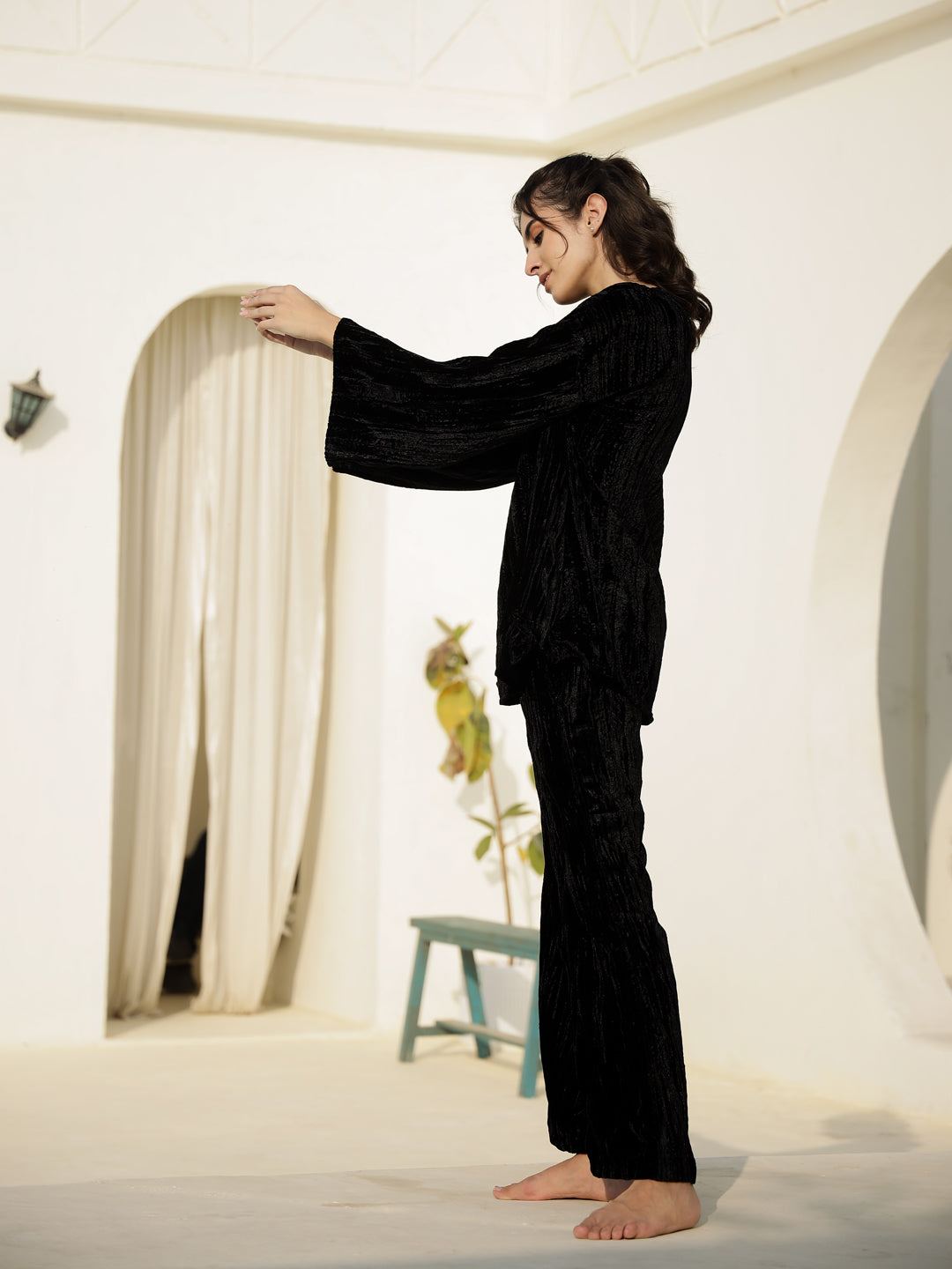 Black Crush Velvet Night Suit For Women