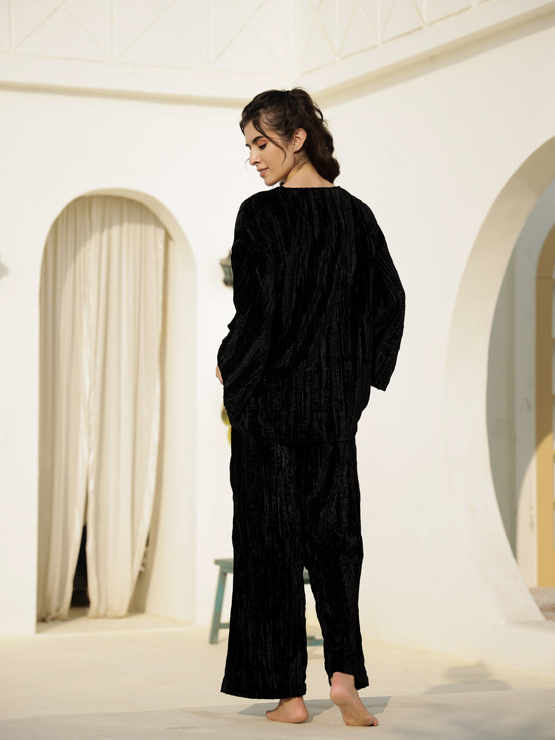 Black Crush Velvet Night Suit For Women