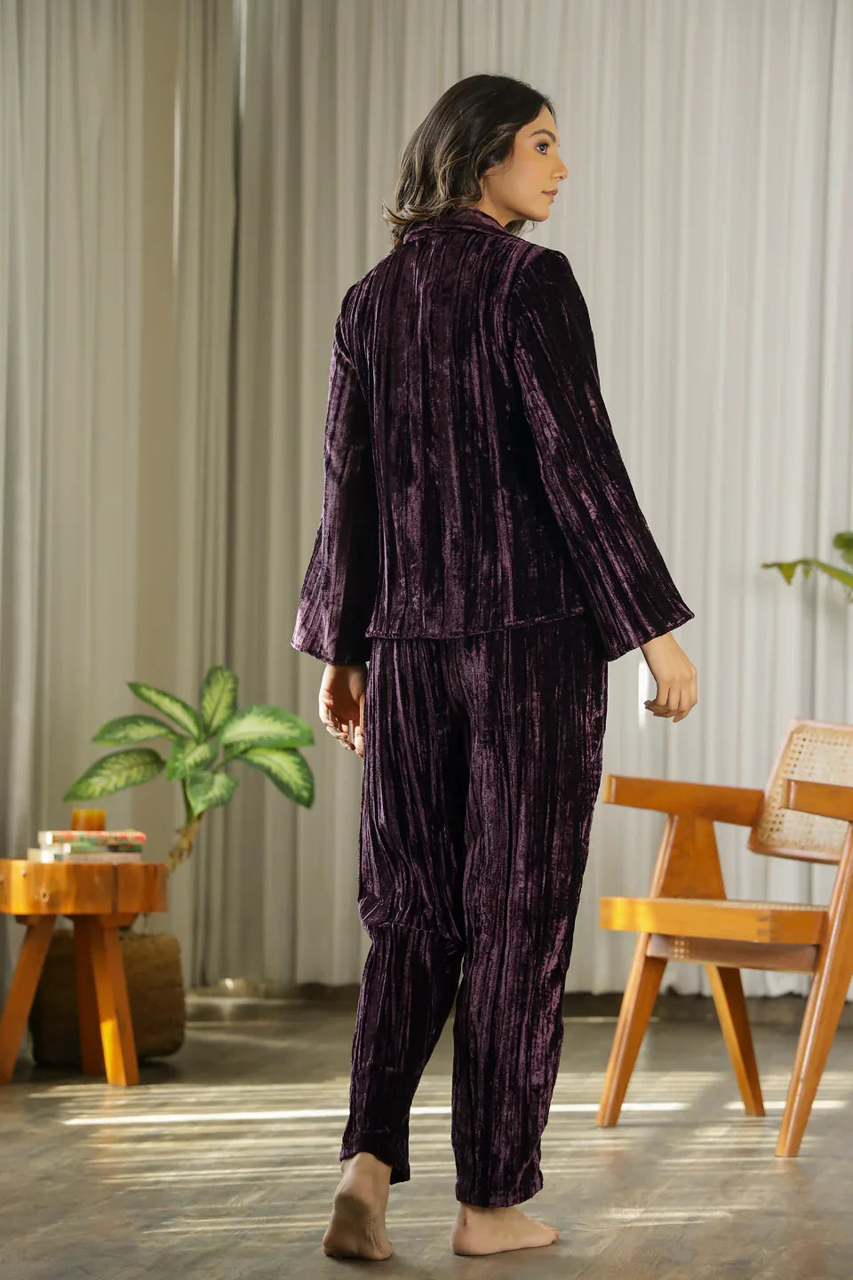 Wine Crushed Velvet Night Set - SanskrutiHomes