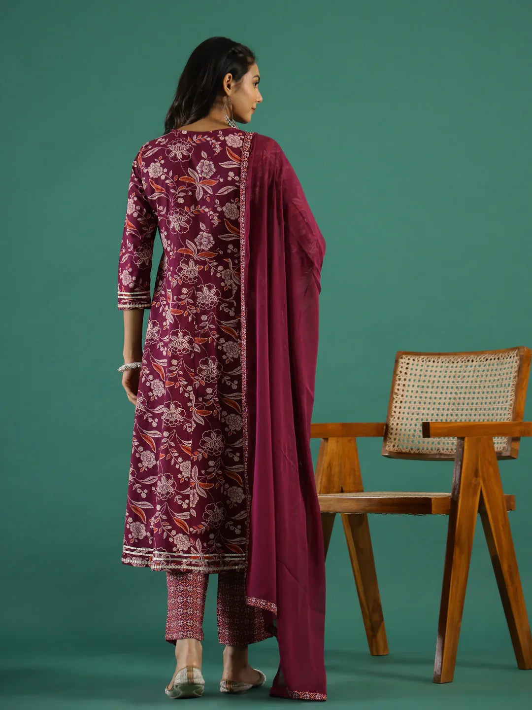 Floral Printed V-Neck Pure Cotton Anarkali Kurta With Trousers & Dupatta - SanskrutiHomes