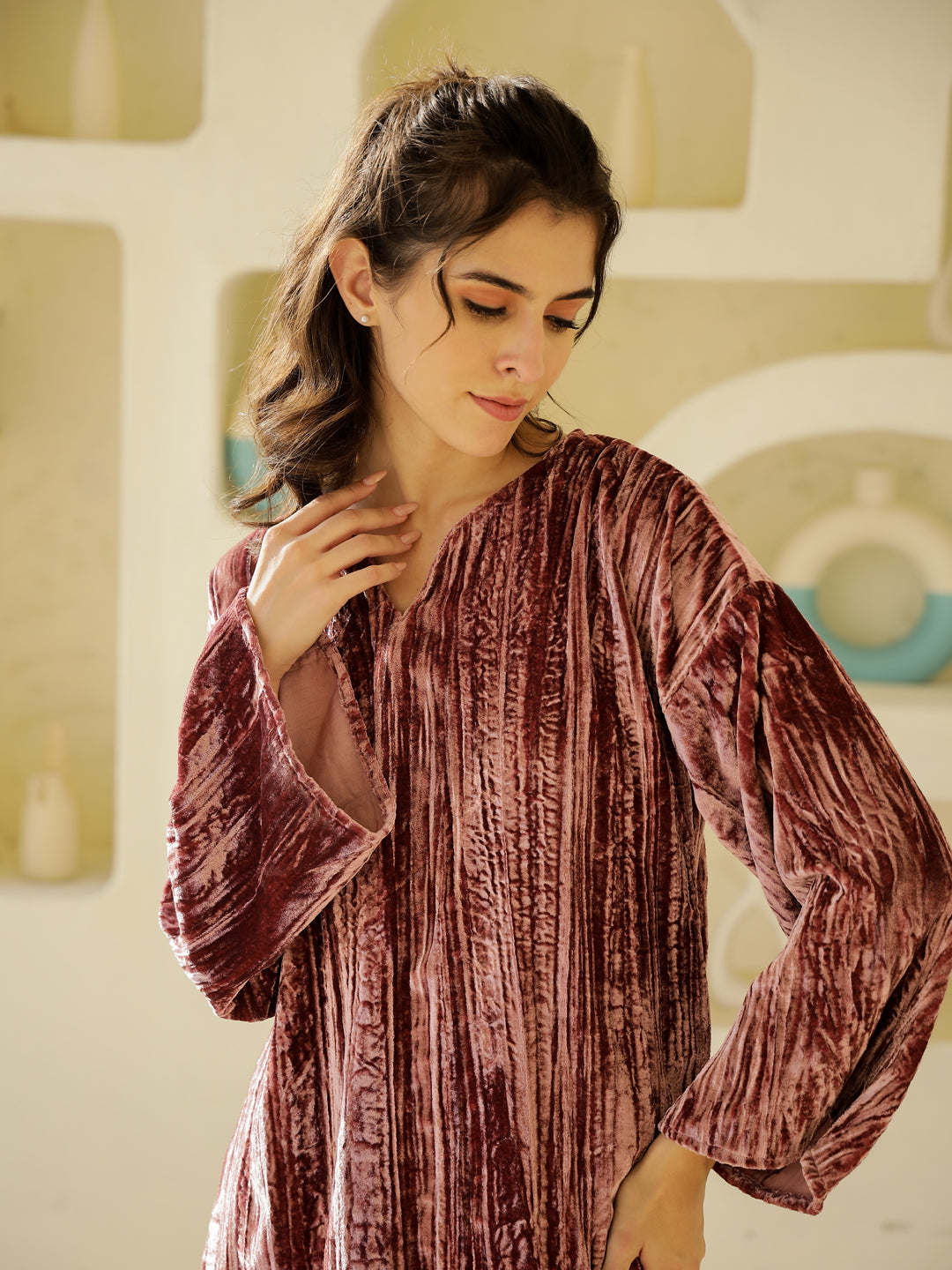 Flamingo crush velvet Night Suit for Women - SanskrutiHomes