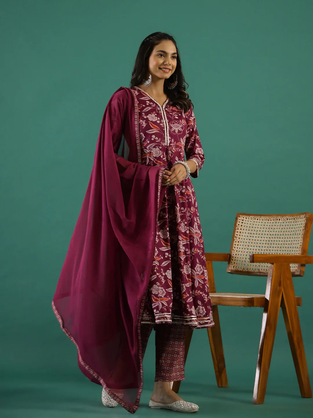 Floral Printed V-Neck Pure Cotton Anarkali Kurta With Trousers & Dupatta - SanskrutiHomes