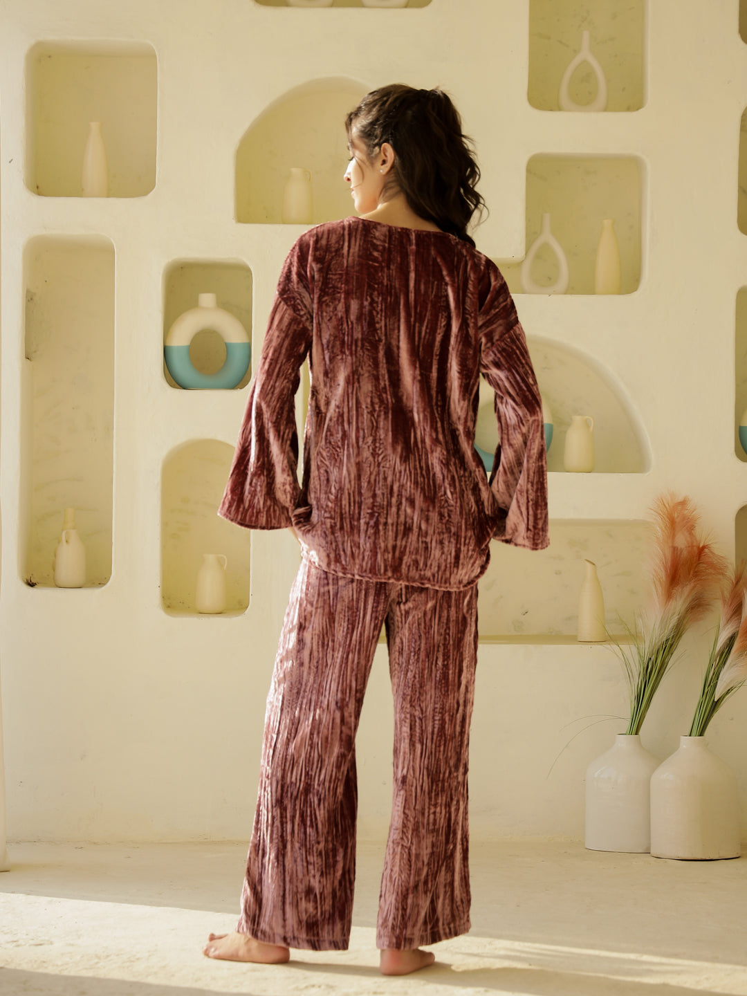 Flamingo crush velvet Night Suit for Women - SanskrutiHomes