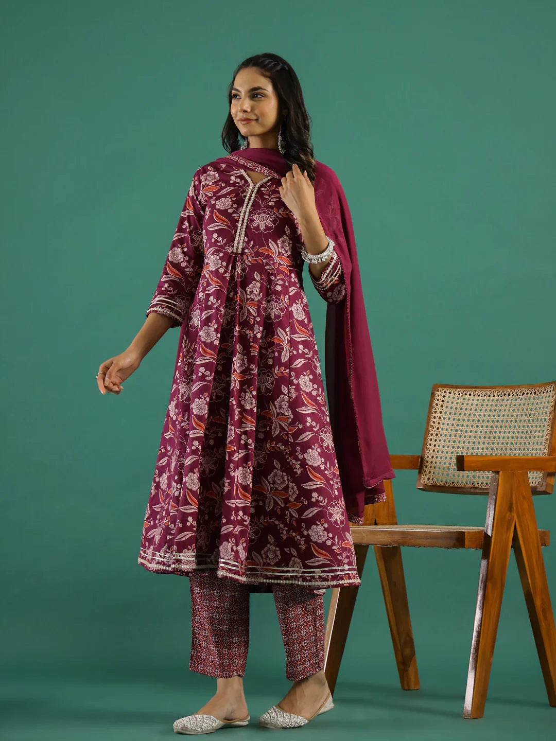 Floral Printed V-Neck Pure Cotton Anarkali Kurta With Trousers & Dupatta - SanskrutiHomes