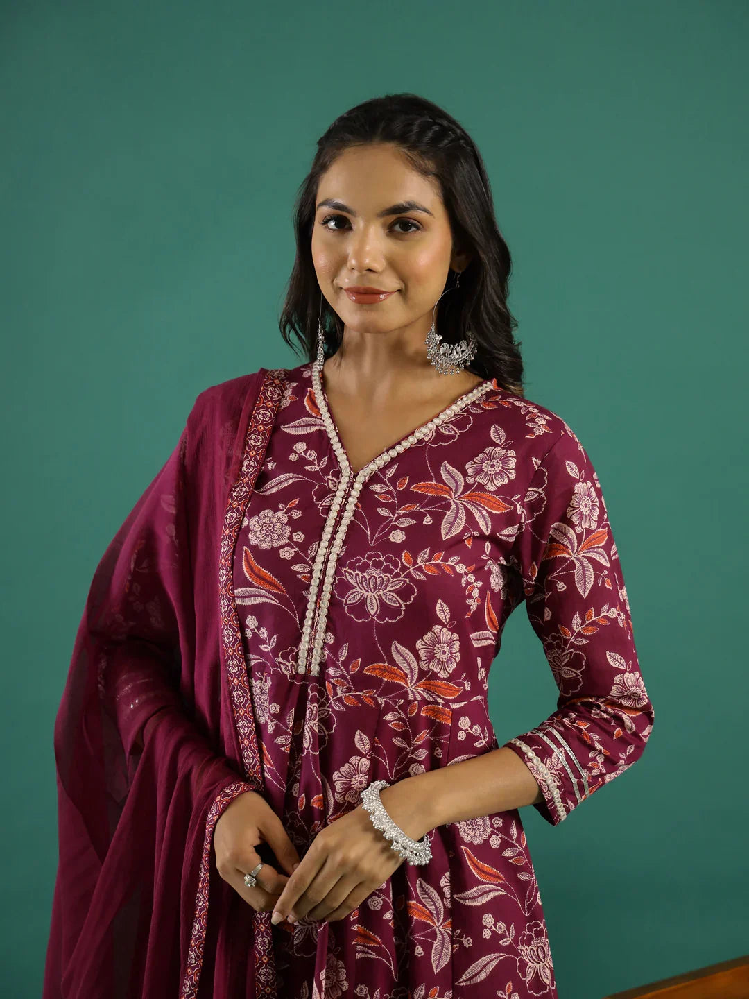 Floral Printed V-Neck Pure Cotton Anarkali Kurta With Trousers & Dupatta - SanskrutiHomes