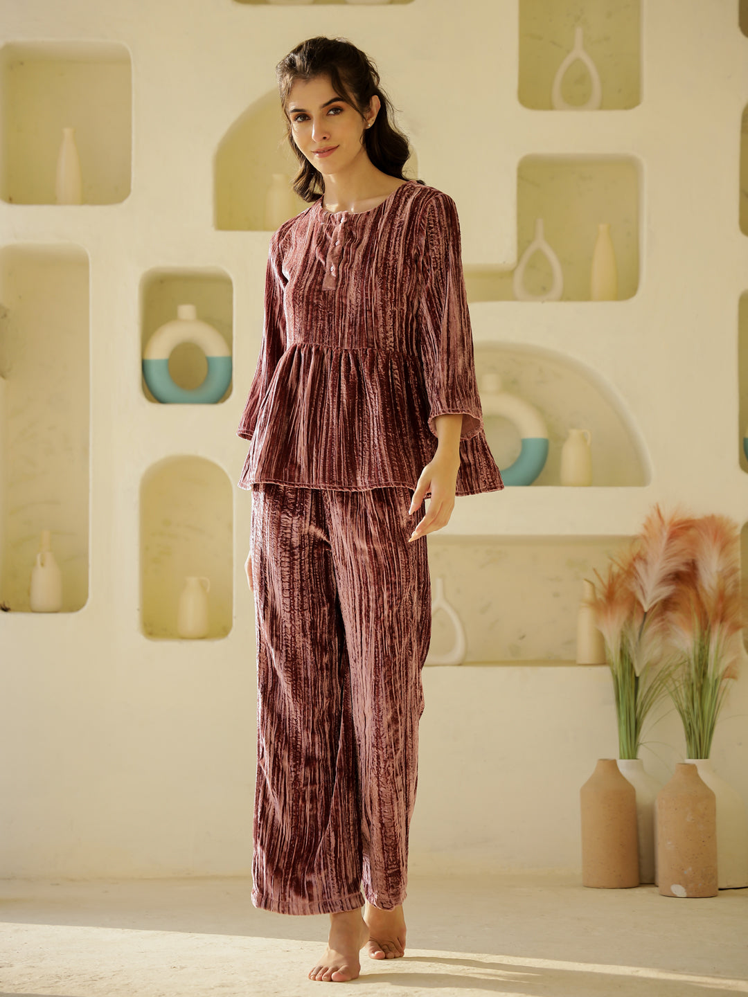 Pink Crush Velvet Night Suit for Women