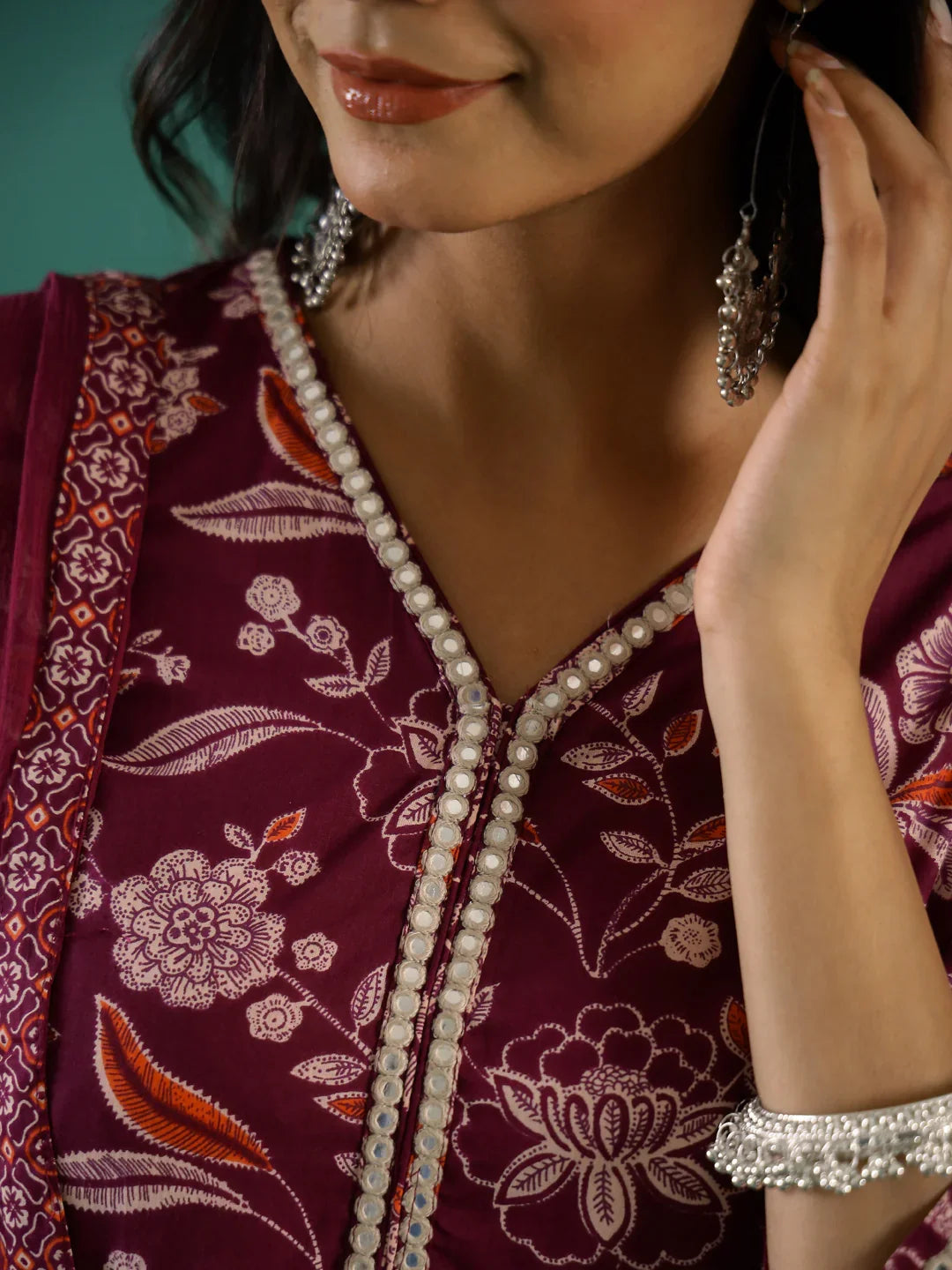 Floral Printed V-Neck Pure Cotton Anarkali Kurta With Trousers & Dupatta - SanskrutiHomes