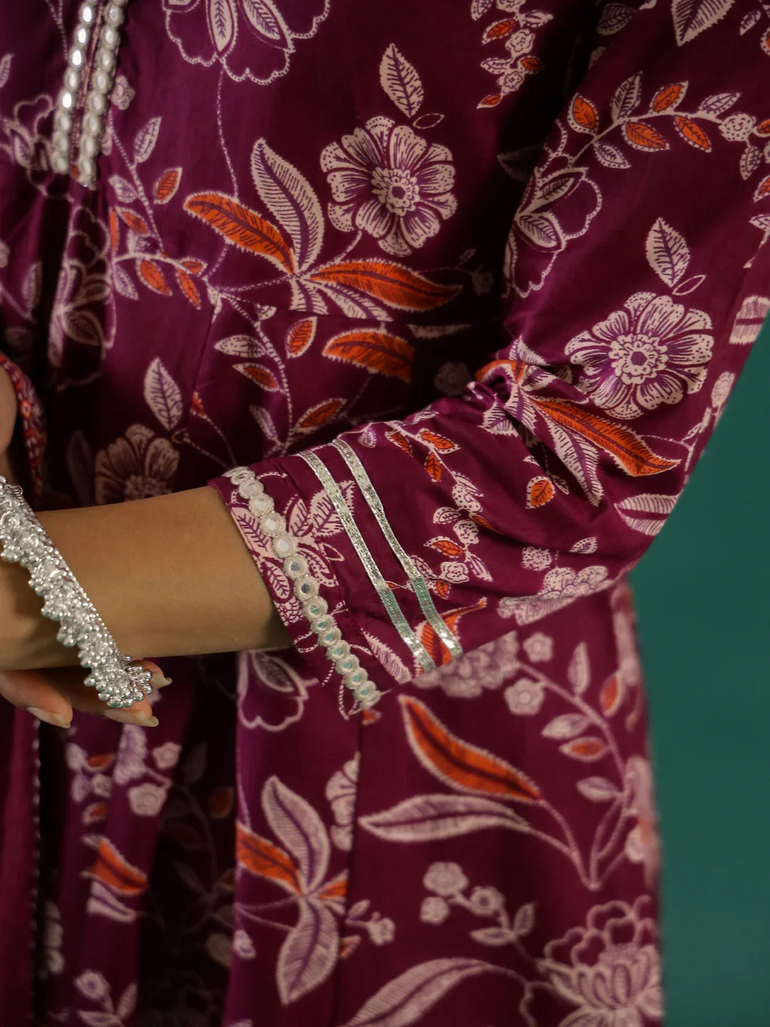 Floral Printed V-Neck Pure Cotton Anarkali Kurta With Trousers & Dupatta - SanskrutiHomes