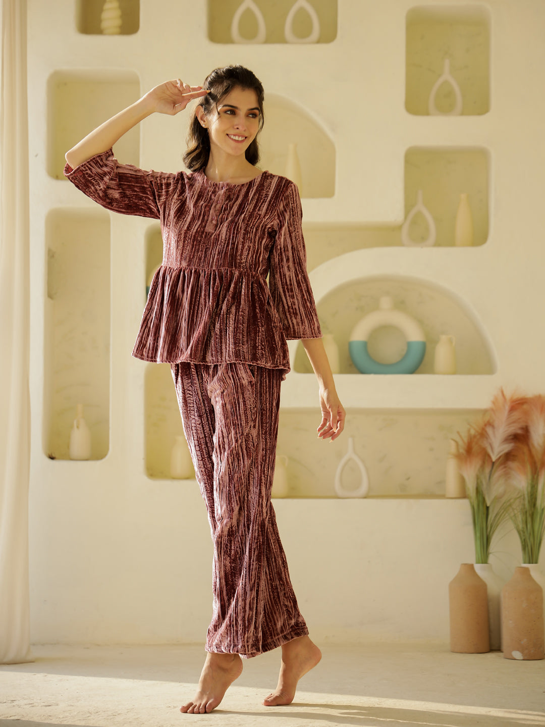 Pink Crush Velvet Night Suit for Women