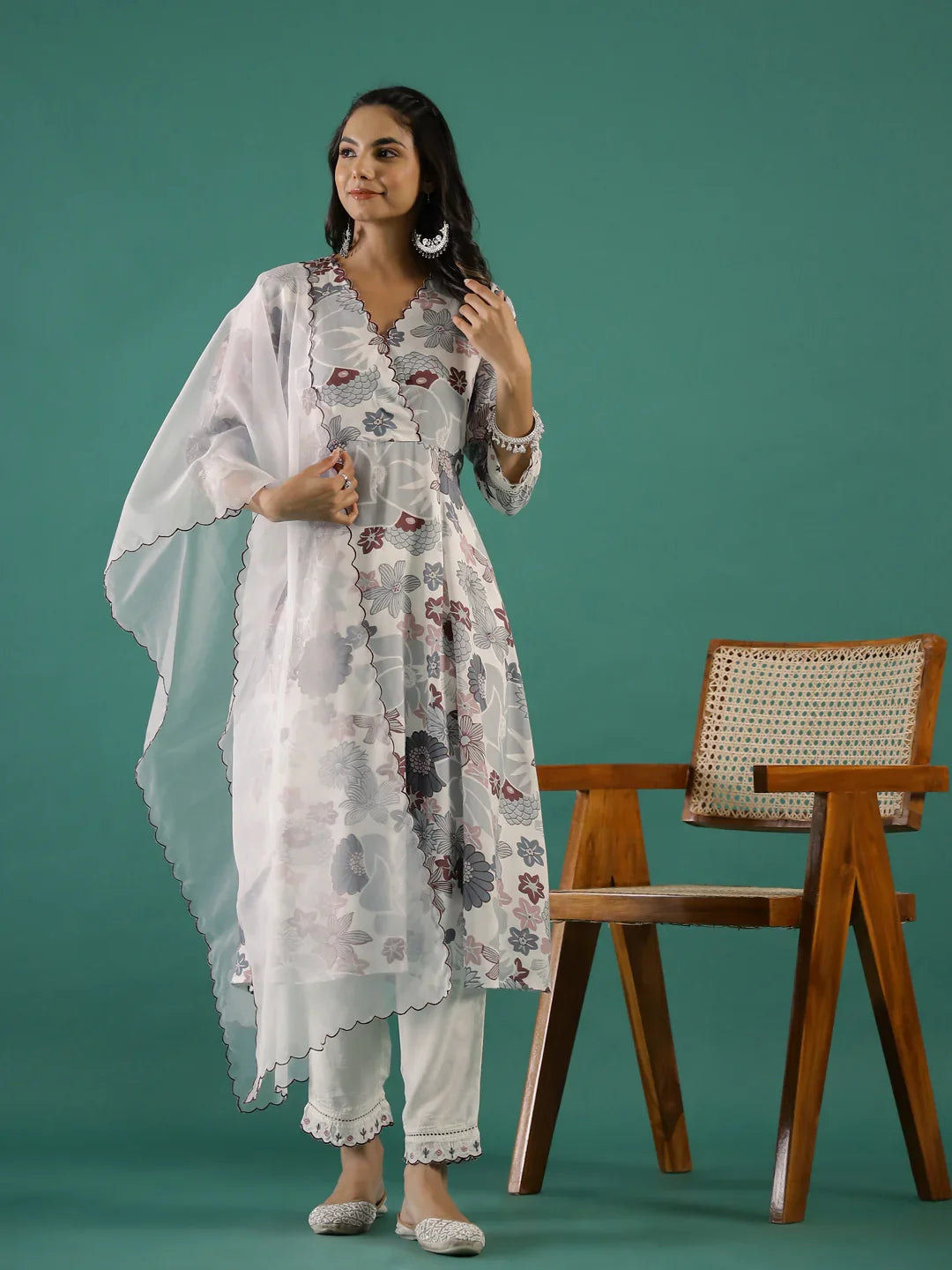Floral Printed V-Neck Cotton Kurta Set - SanskrutiHomes