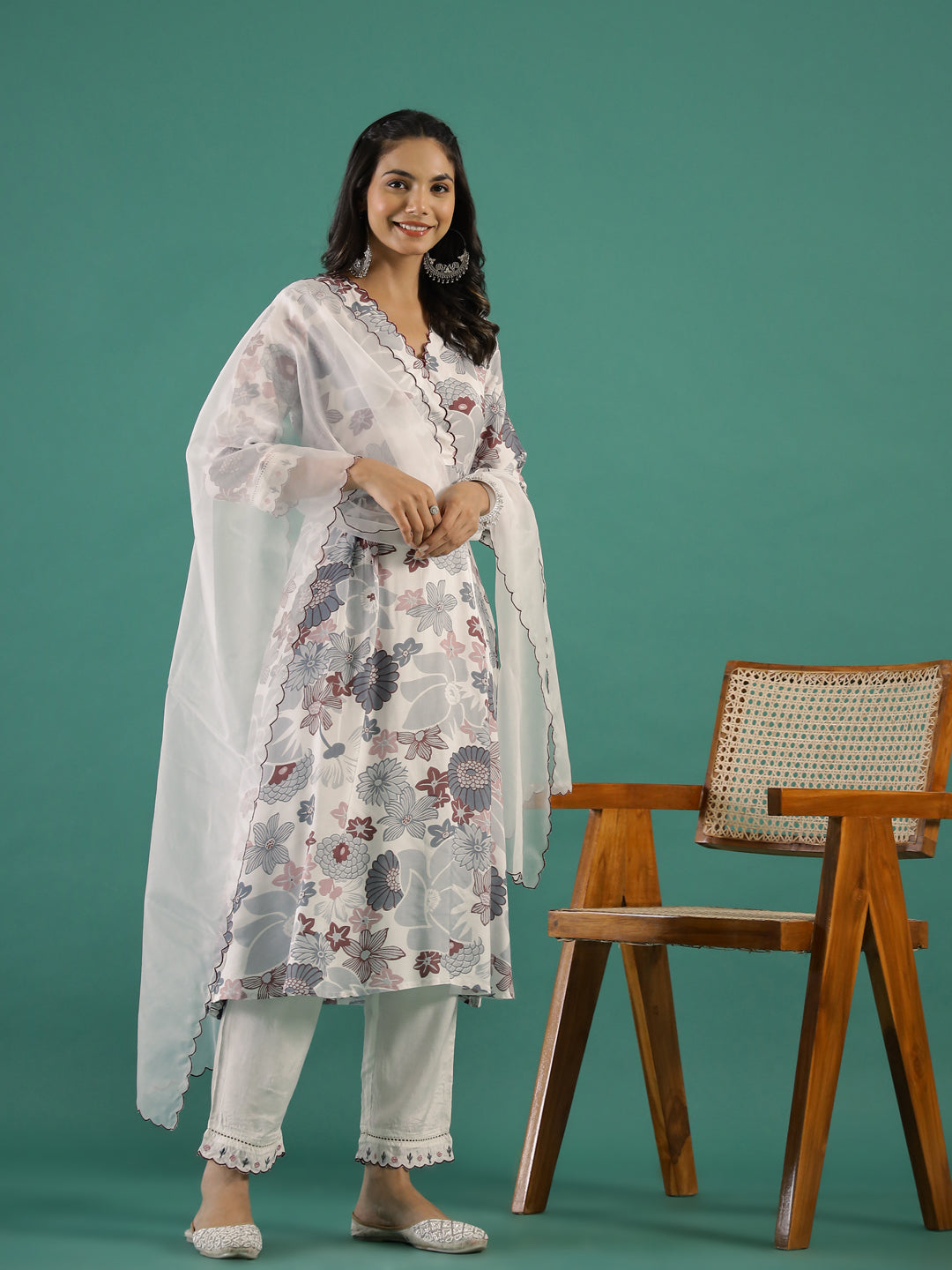Floral Printed V-Neck Cotton Kurta Set - SanskrutiHomes