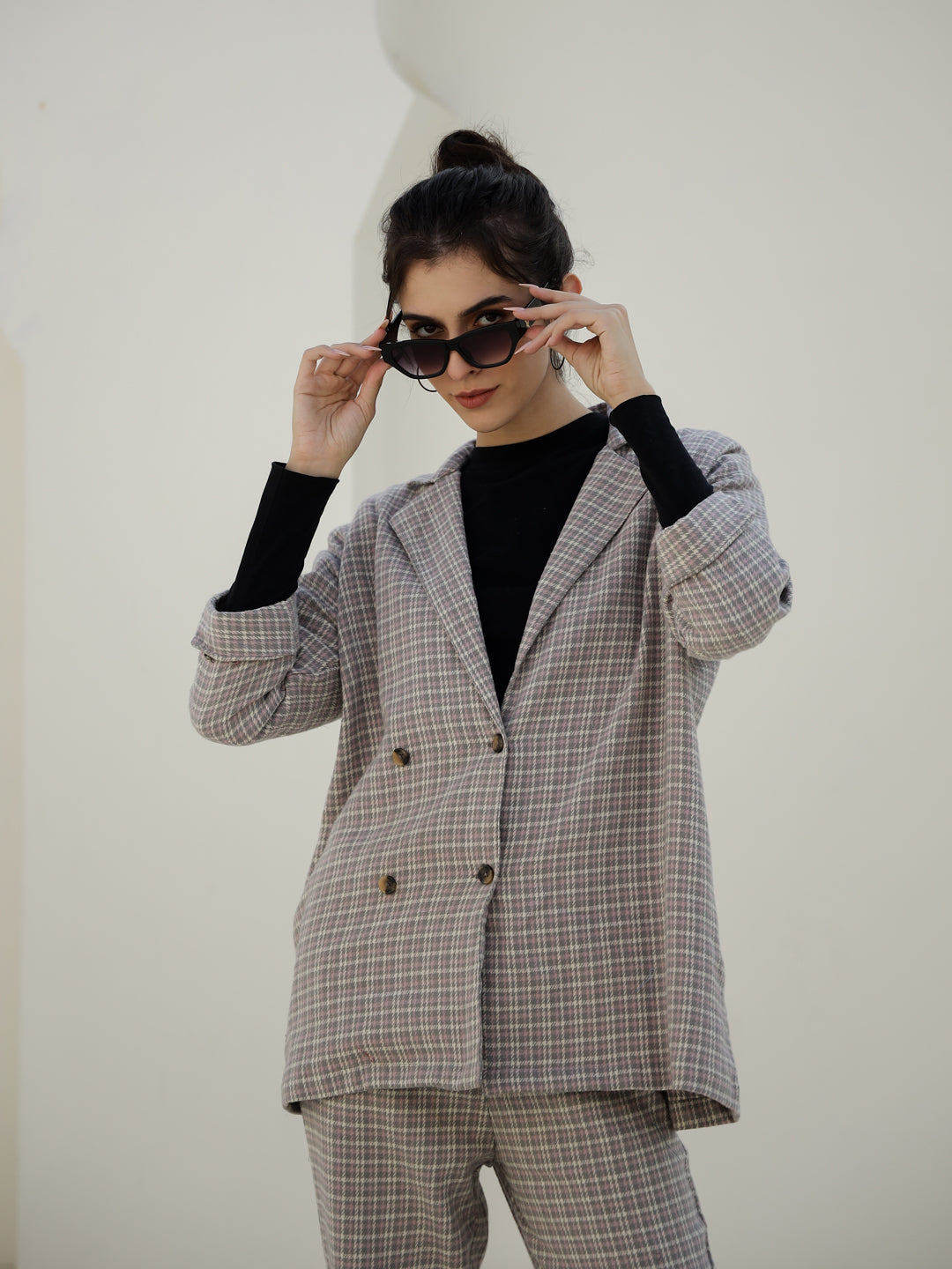 Grey Color Strips Printed Lapel Collar Co-ords Set