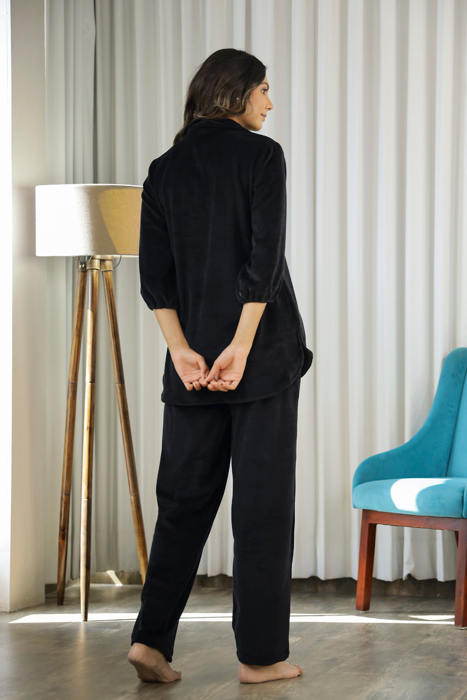 Black Shirt Collar Solid Velvet Night Suit For Women