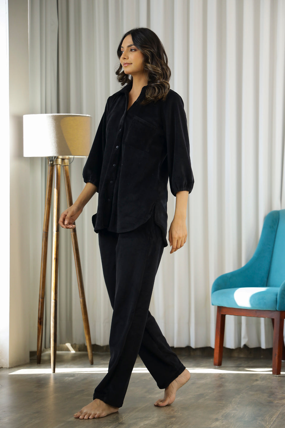 Black Shirt Collar Solid Velvet Night Suit For Women