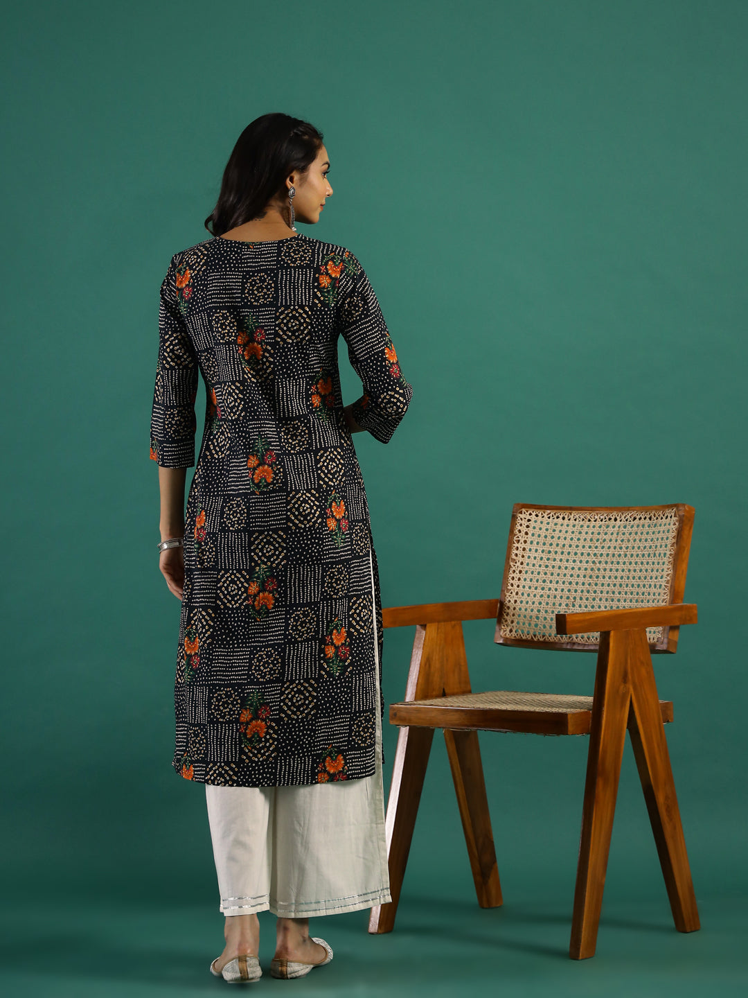 Black Floral Printed Cotton Kurta Set