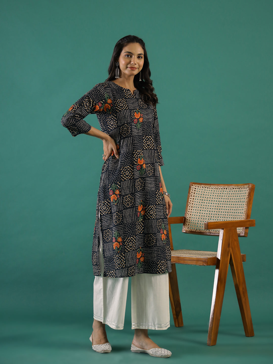 Black Floral Printed Cotton Kurta Set