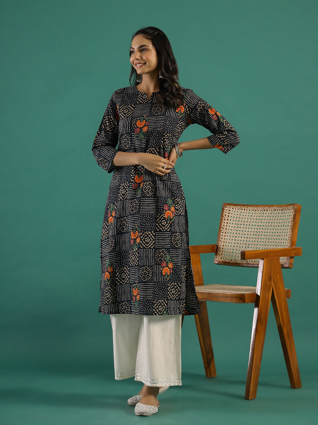 Black Floral Printed Cotton Kurta Set