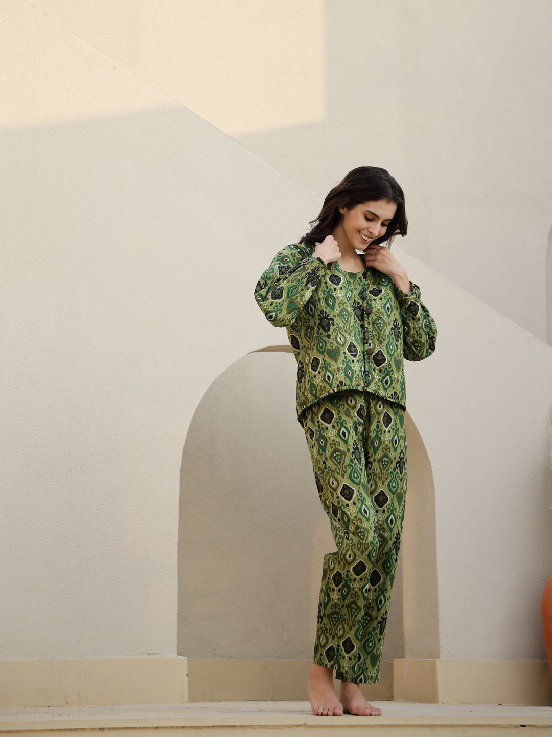 Set Of 3 Green Printed Quilted Co-Ords Set