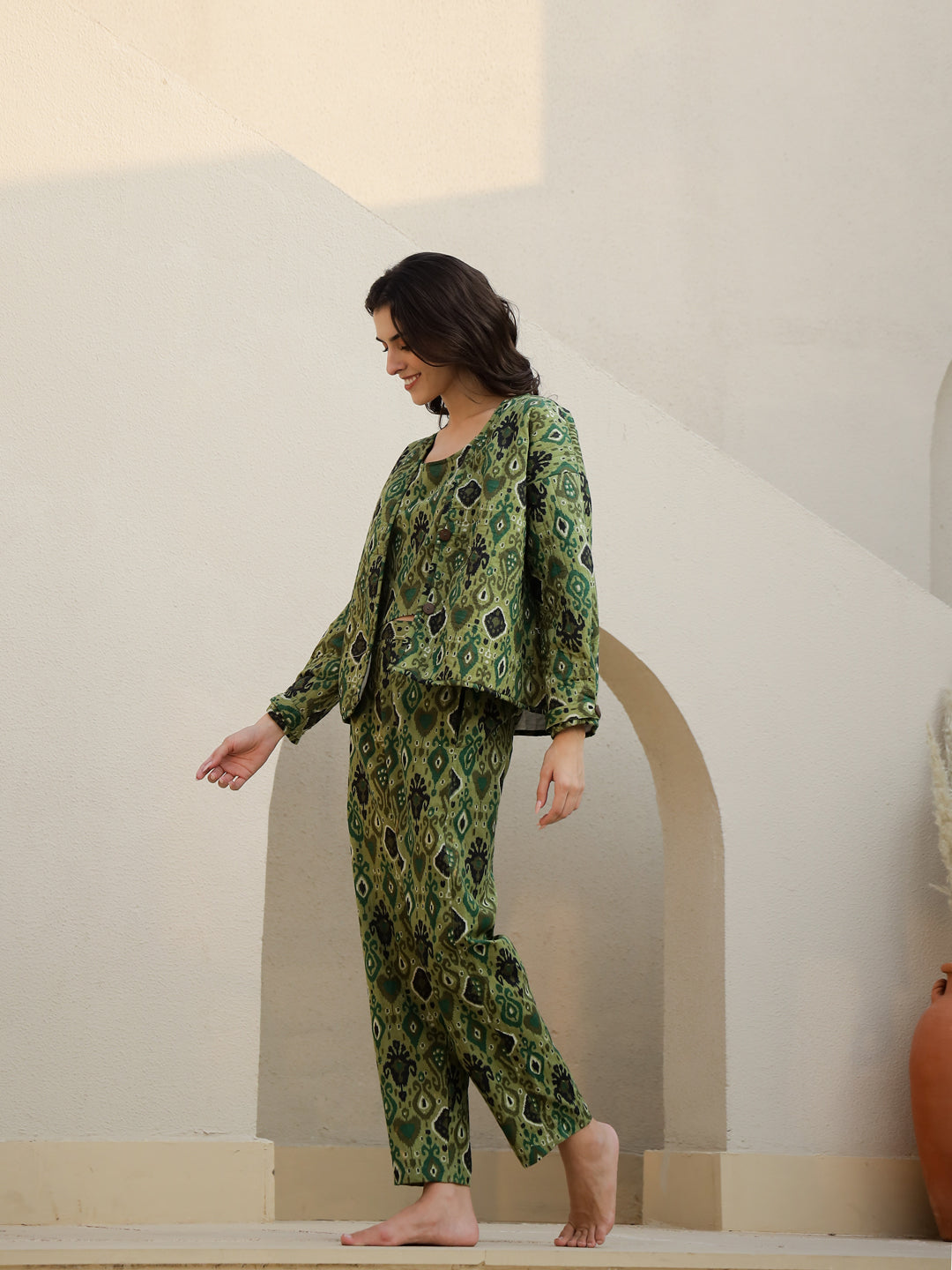 Set Of 3 Green Printed Quilted Co-Ords Set