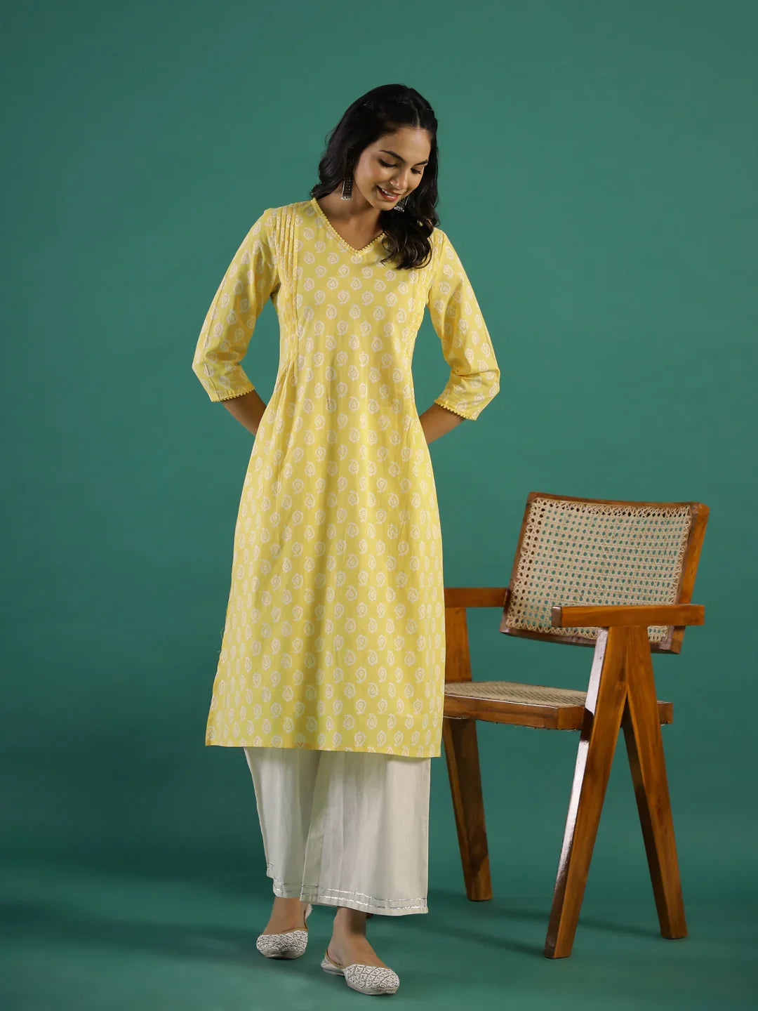 Summer yellow Cotton Printed kurta - SanskrutiHomes