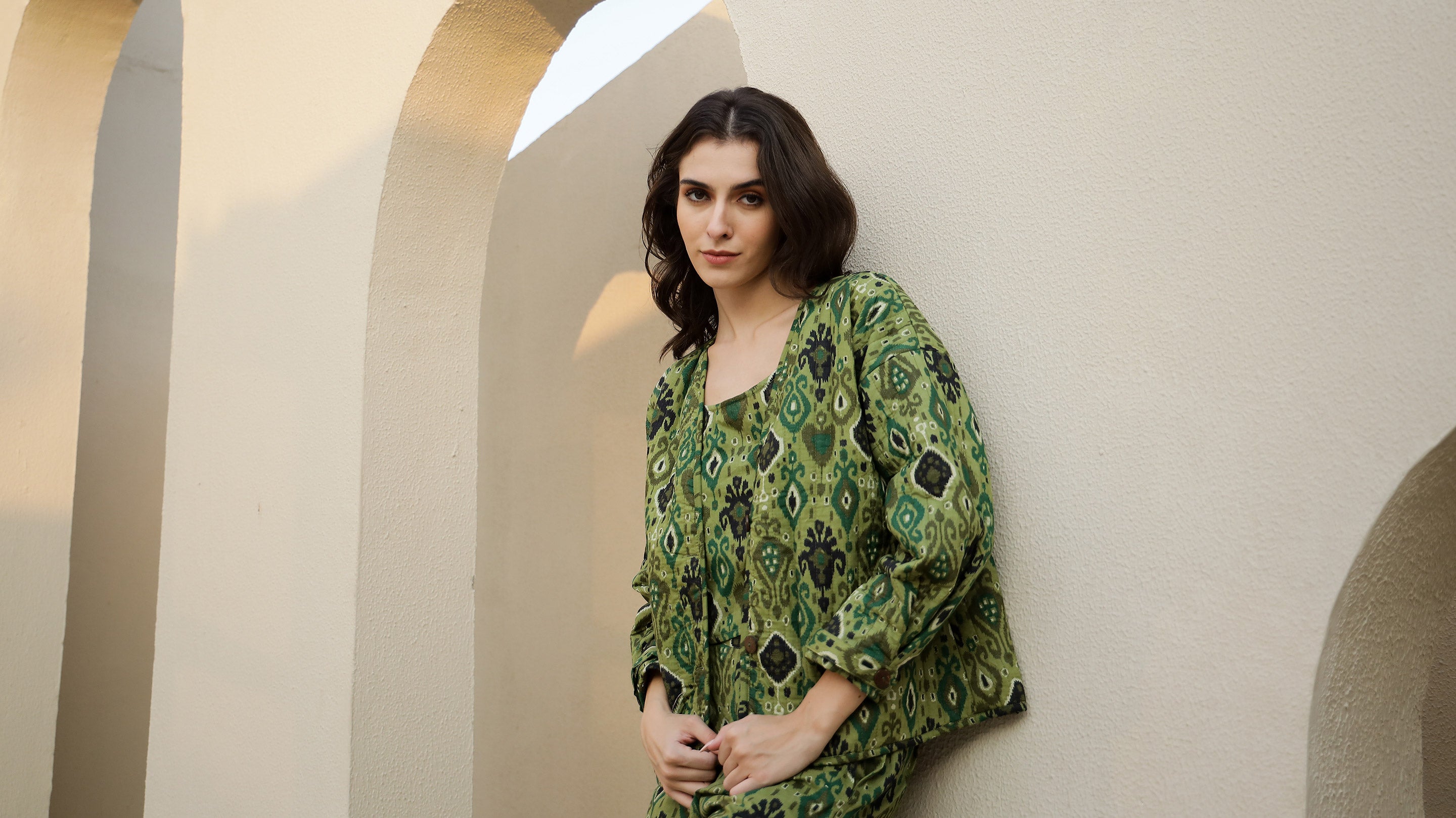 Set of 3 Green Printed Quilted Co-ords Set