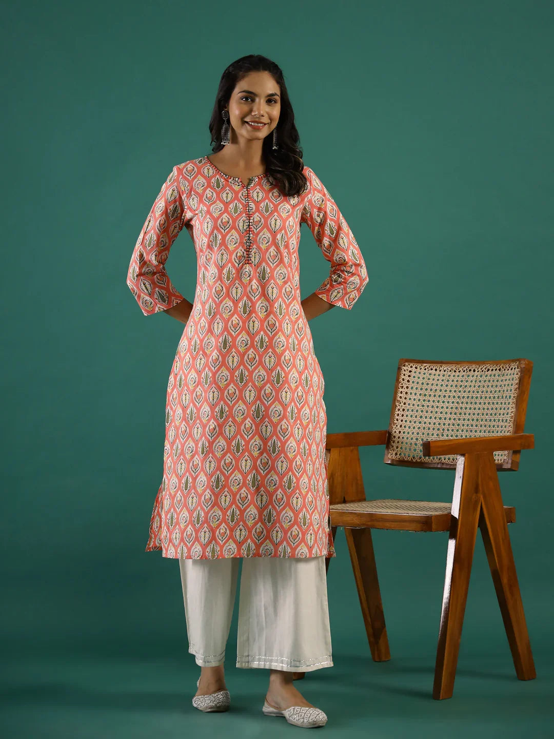 Pink Ethnic Motif Printed Cotton Straight Kurta - SanskrutiHomes