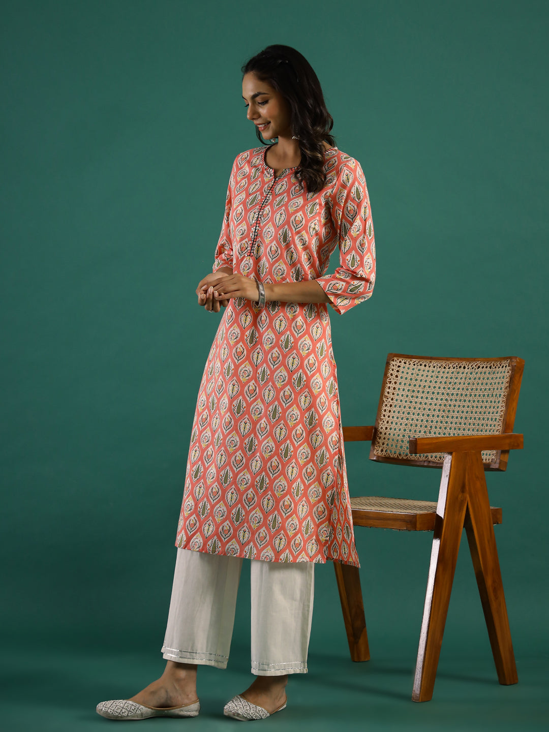 Pink Ethnic Motif Printed Cotton Straight Kurta - SanskrutiHomes