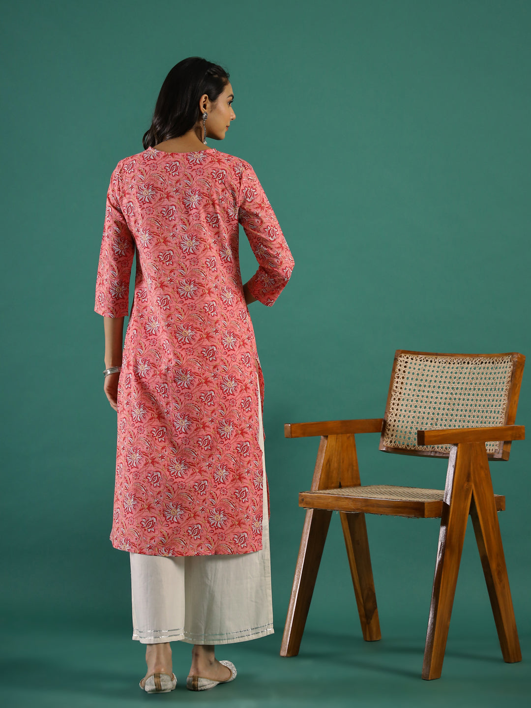 Pink Ethnic Printed Cotton Straight Kurta - SanskrutiHomes