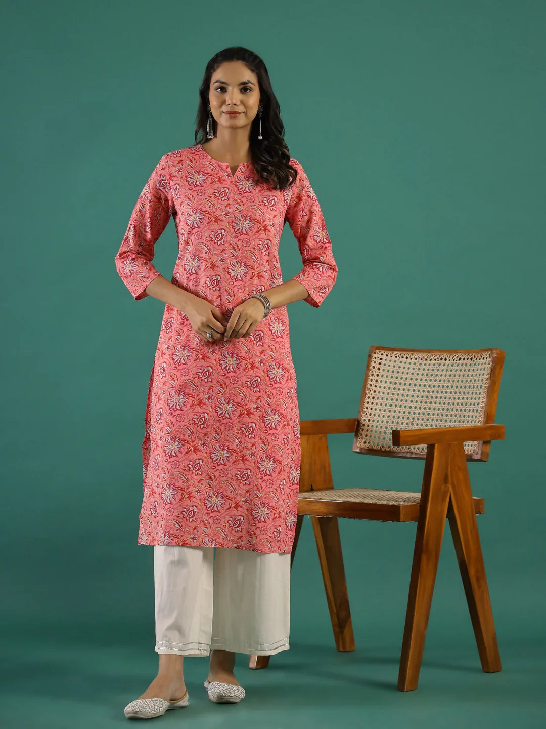 Pink Ethnic Printed Cotton Straight Kurta - SanskrutiHomes