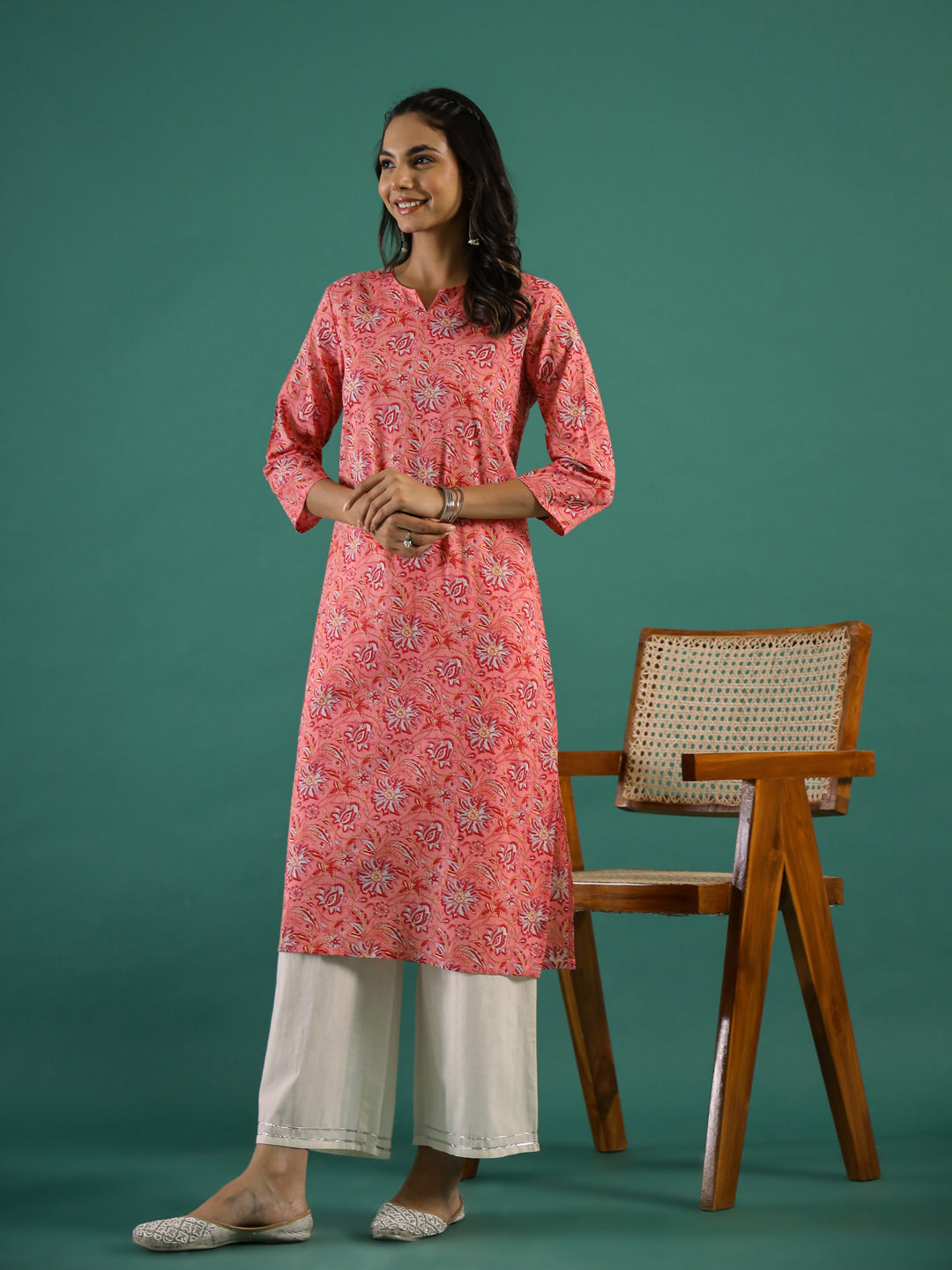 Pink Ethnic Printed Cotton Straight Kurta - SanskrutiHomes