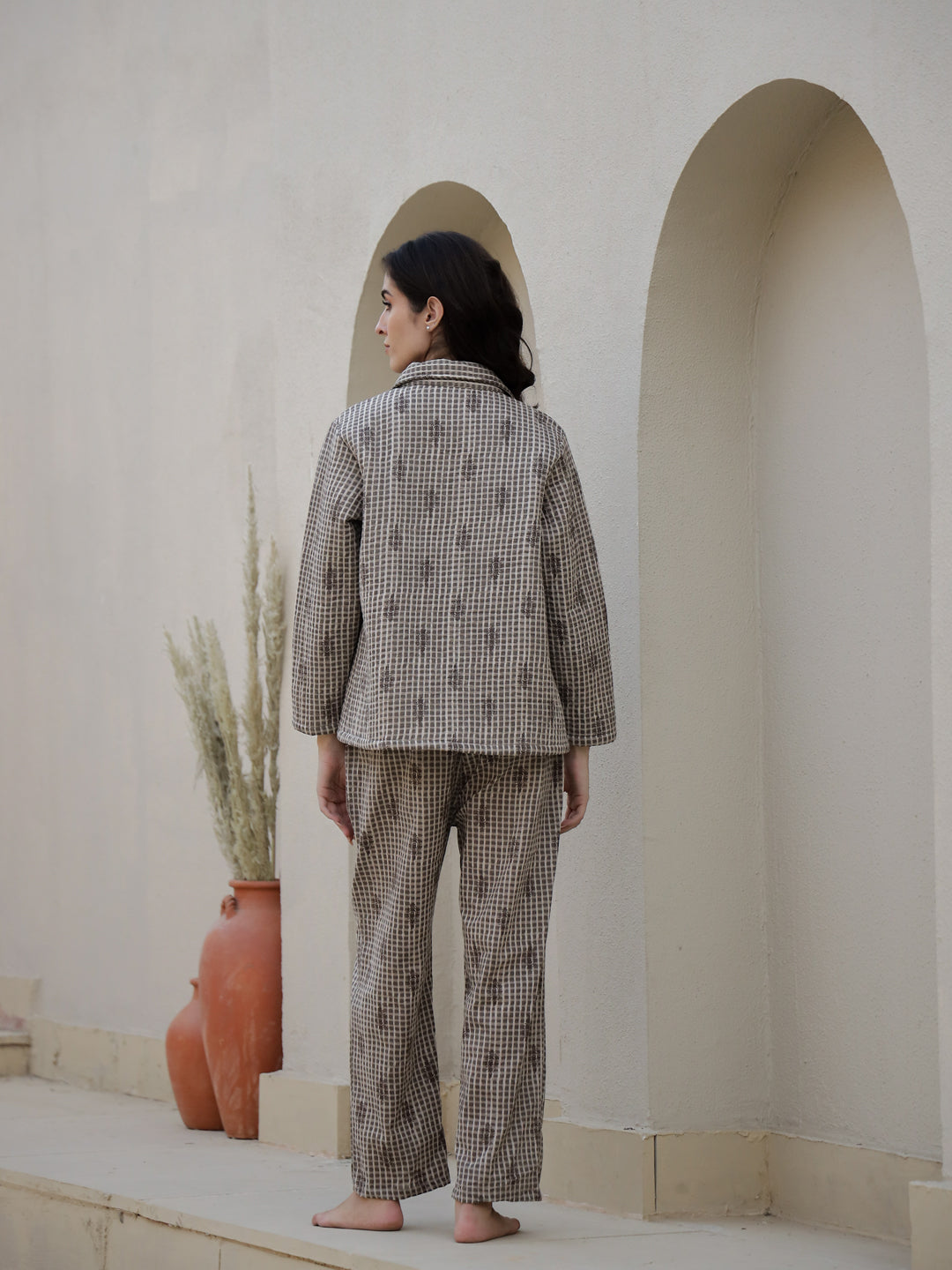 Set Of 3 Brown Quilted Night Suit Set