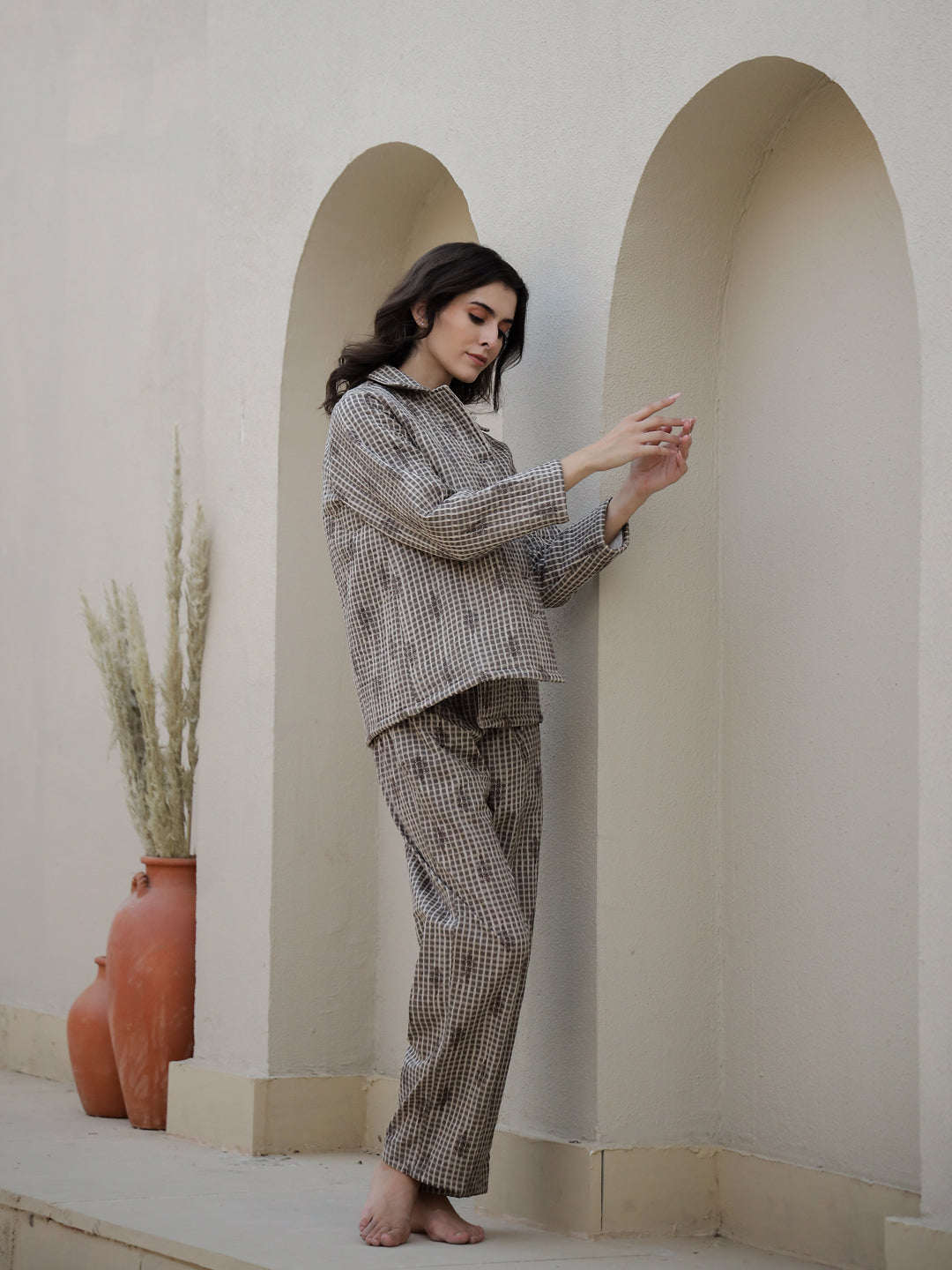 Set Of 3 Brown Quilted Night Suit Set