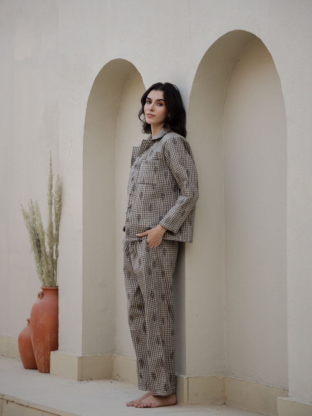 Set Of 3 Brown Quilted Night Suit Set